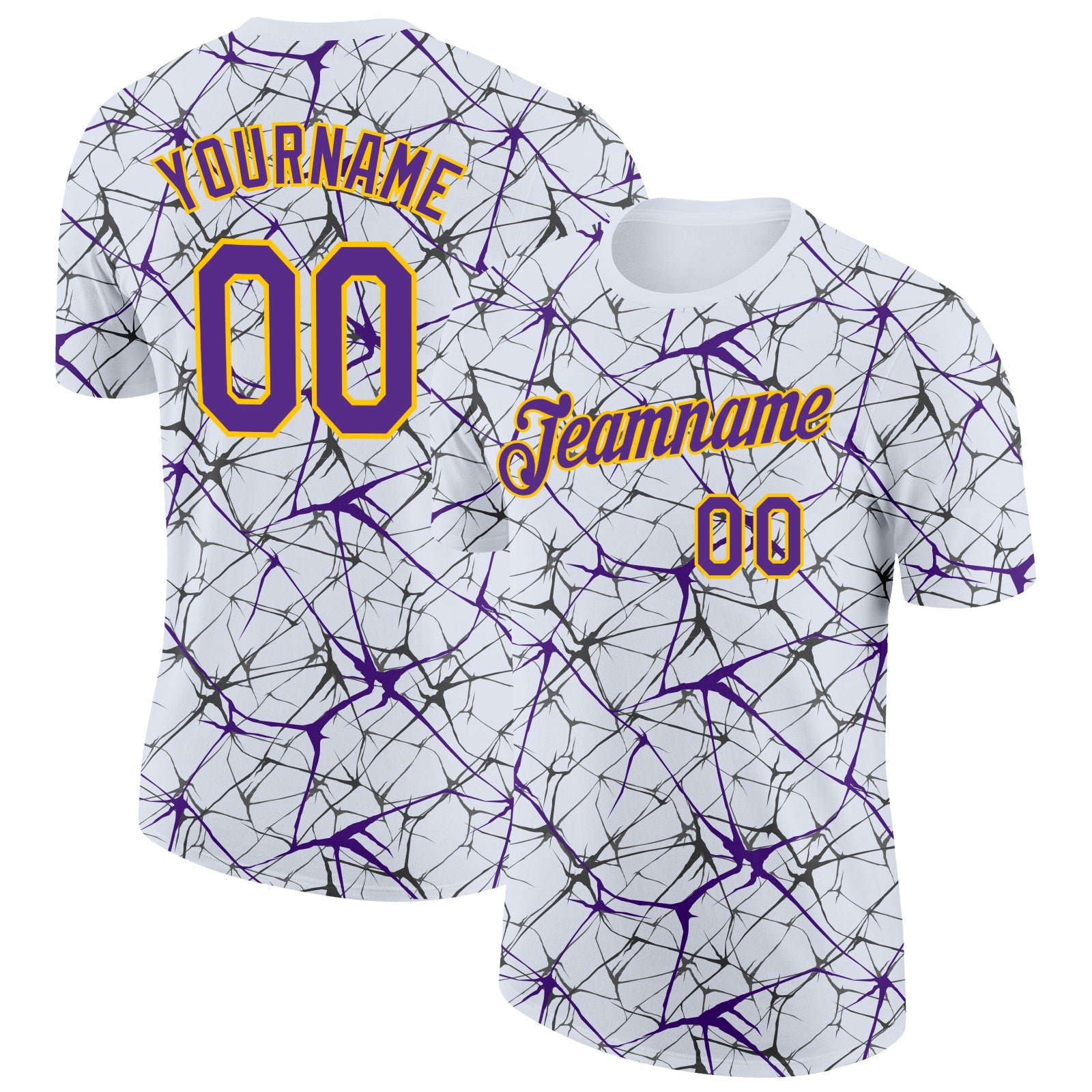 Custom White Purple Gray-Yellow Abstract Network Crackle Performance T-Shirt - Main View