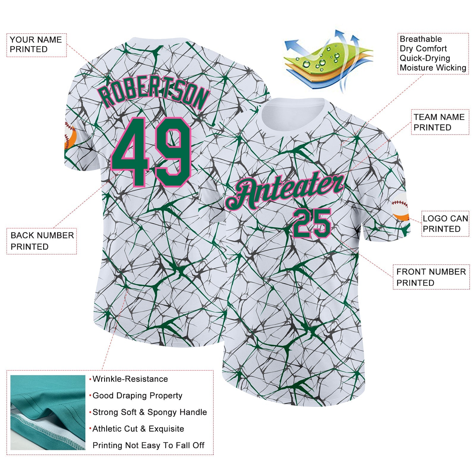 Custom White Kelly Green Gray-Pink Abstract Network Crackle Performance T-Shirt view 2