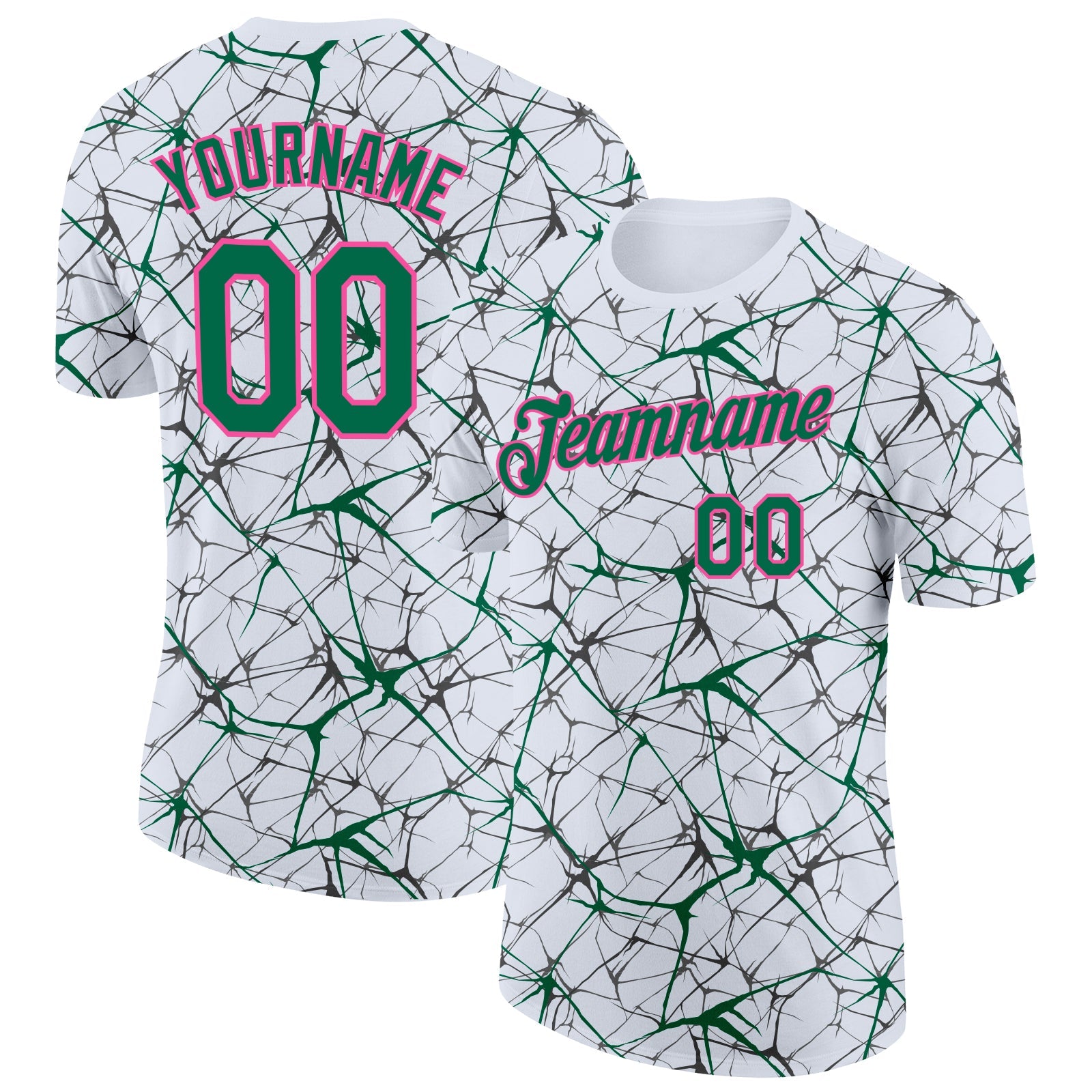 Custom White Kelly Green Gray-Pink Abstract Network Crackle Performance T-Shirt - Main View