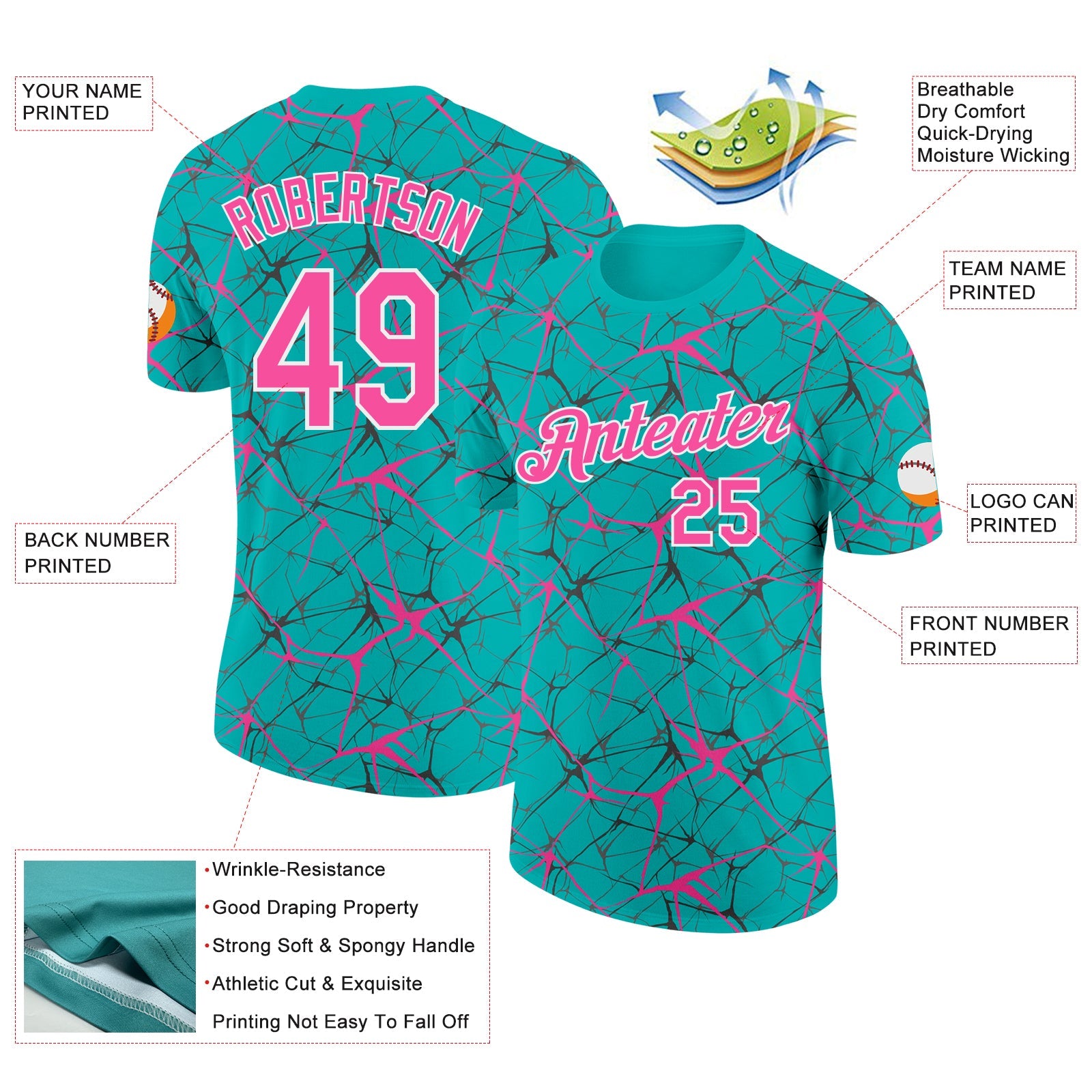 Custom Aqua Pink Gray-White Abstract Network Crackle Performance T-Shirt view 2