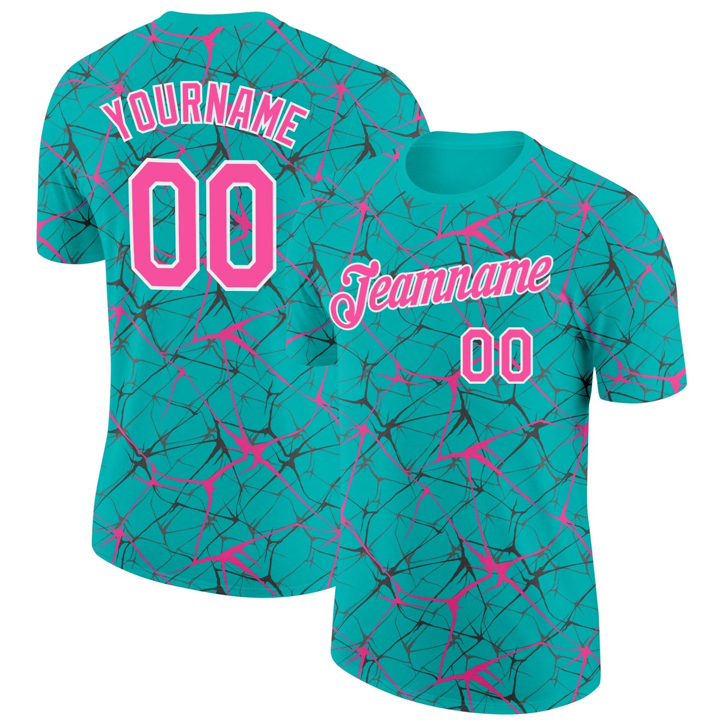 Custom Aqua Pink Gray-White Abstract Network Crackle Performance T-Shirt - Main View