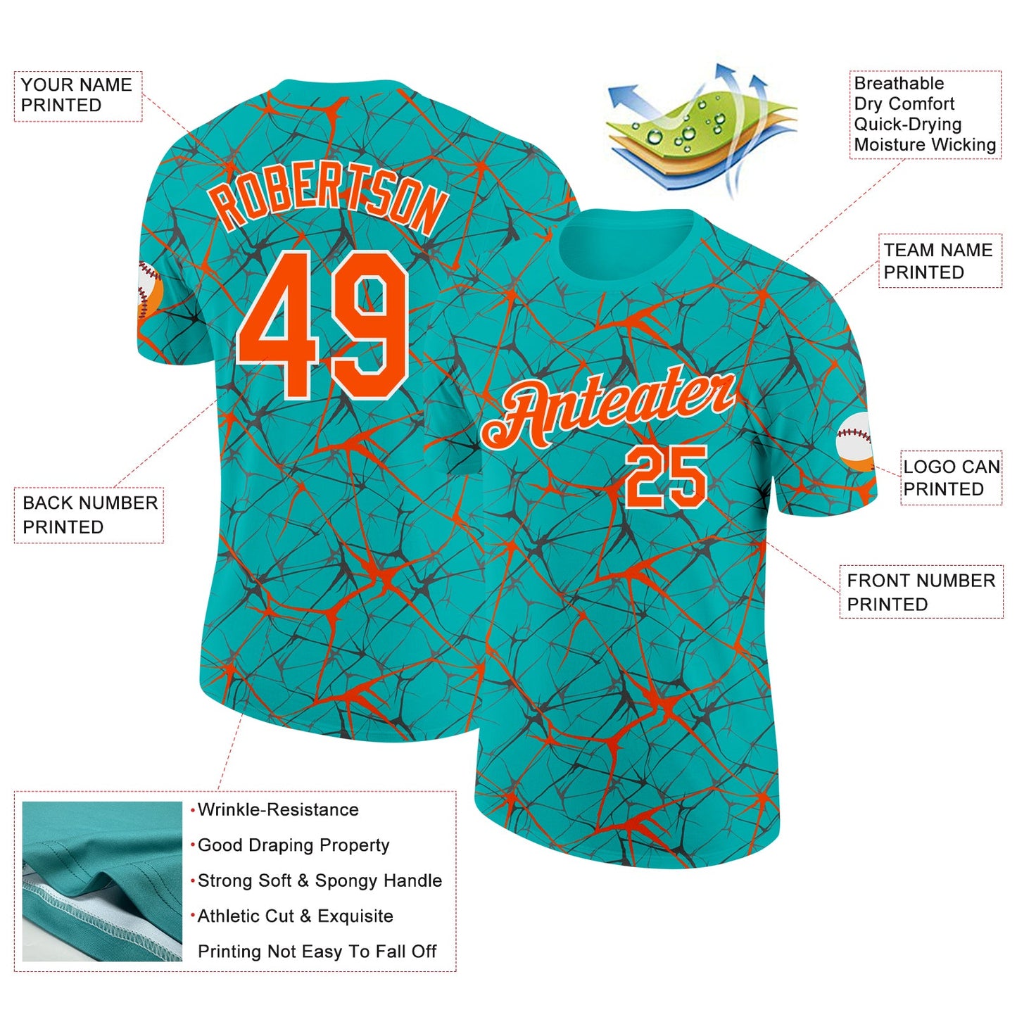 Custom Aqua Orange Gray-White Abstract Network Crackle Performance T-Shirt view 2