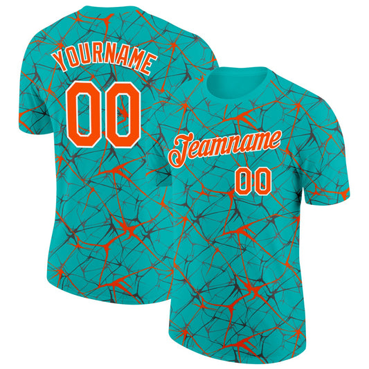 Custom Aqua Orange Gray-White Abstract Network Crackle Performance T-Shirt - Main View