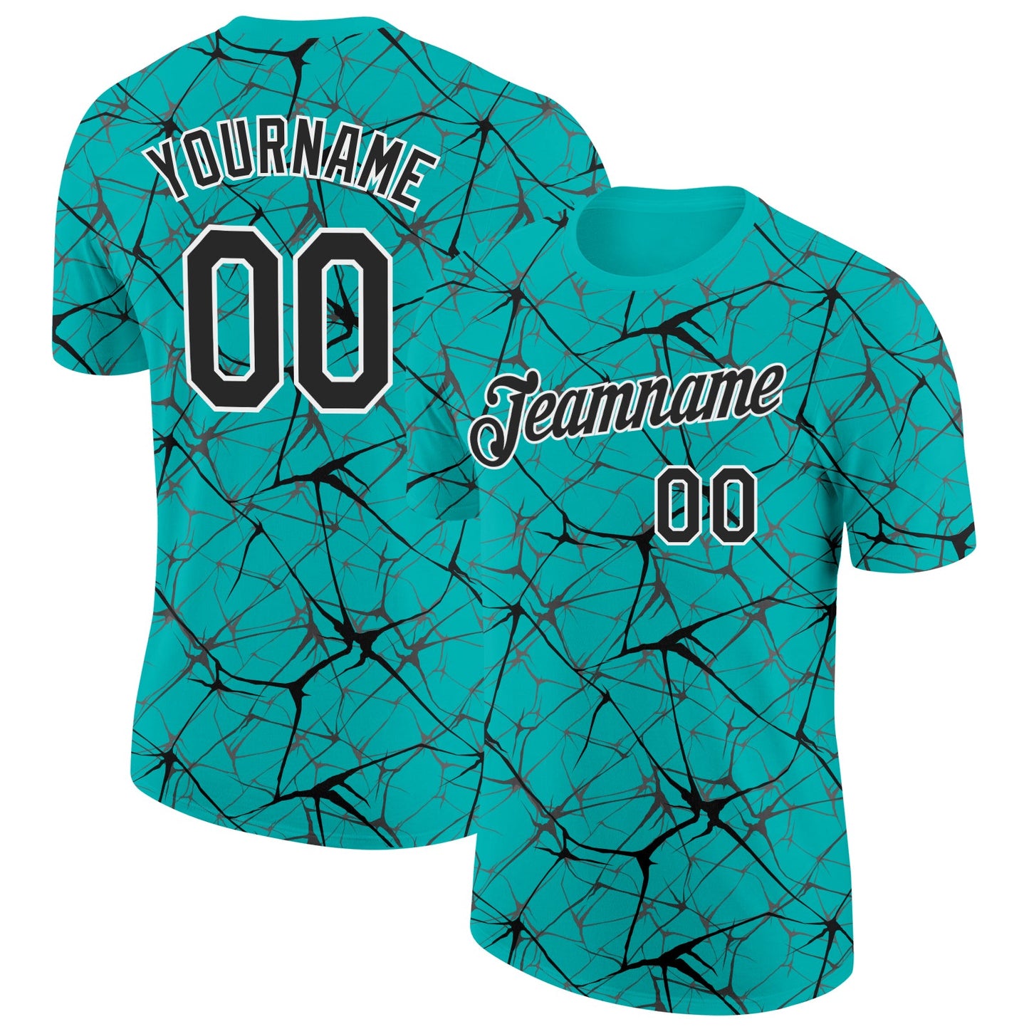 Custom Aqua Black Gray-White Abstract Network Crackle Performance T-Shirt - Main View