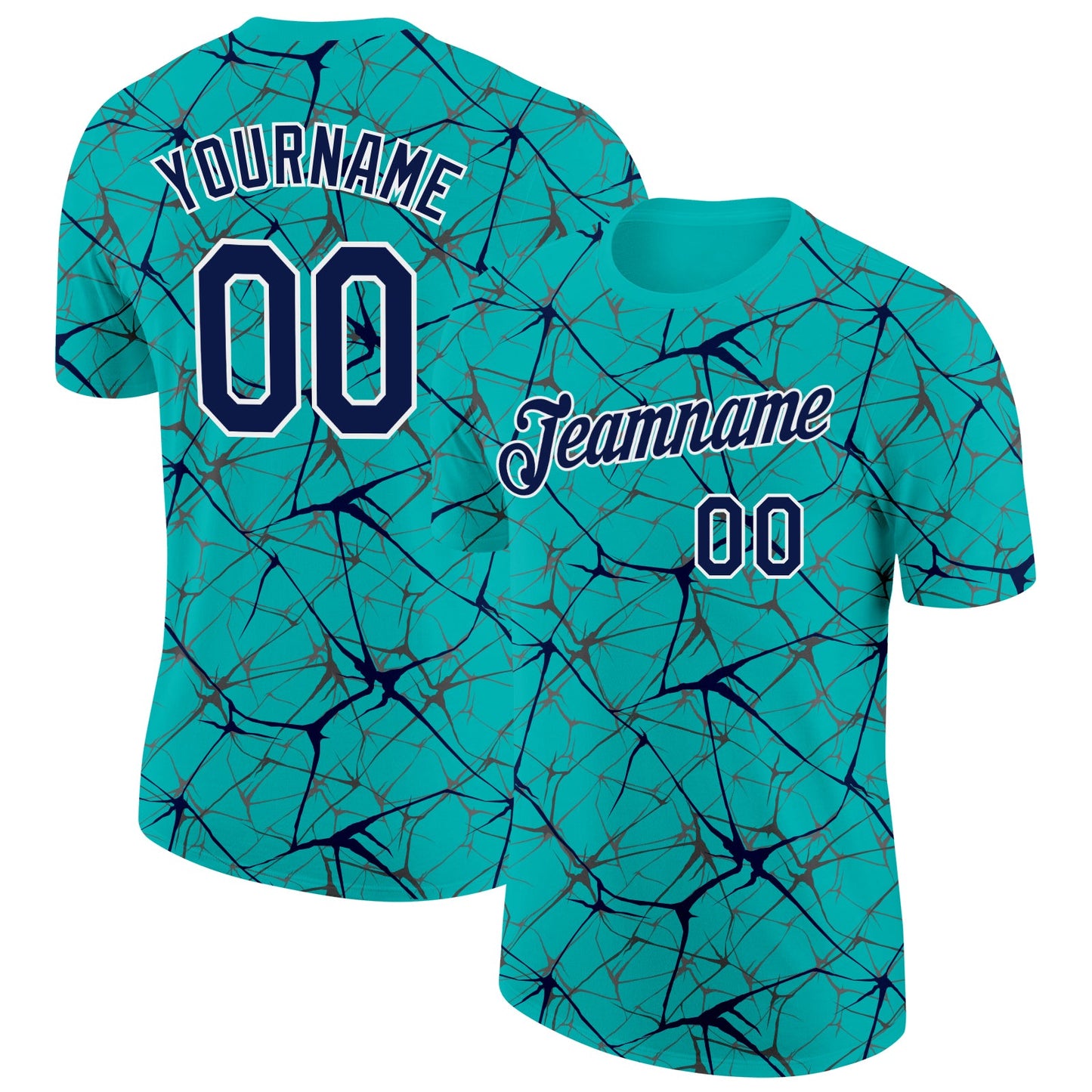 Custom Aqua Navy Gray-White Abstract Network Crackle Performance T-Shirt - Main View