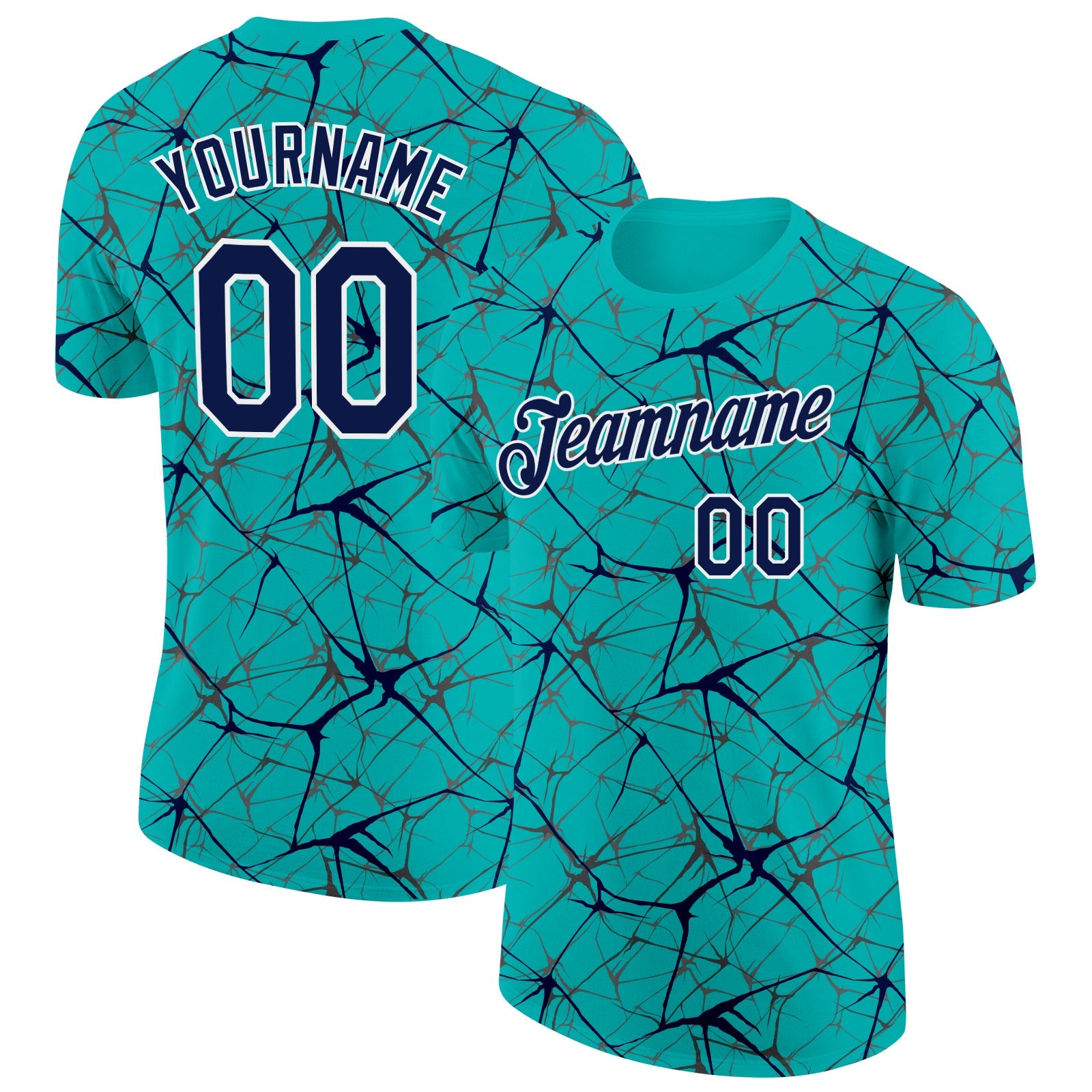 Custom Aqua Navy Gray-White Abstract Network Crackle Performance T-Shirt - Main View