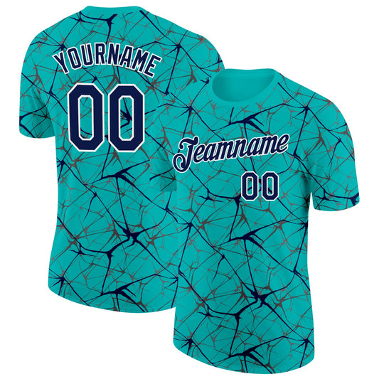 Custom Aqua Navy Gray-White Abstract Network Crackle Performance T-Shirt - Main View