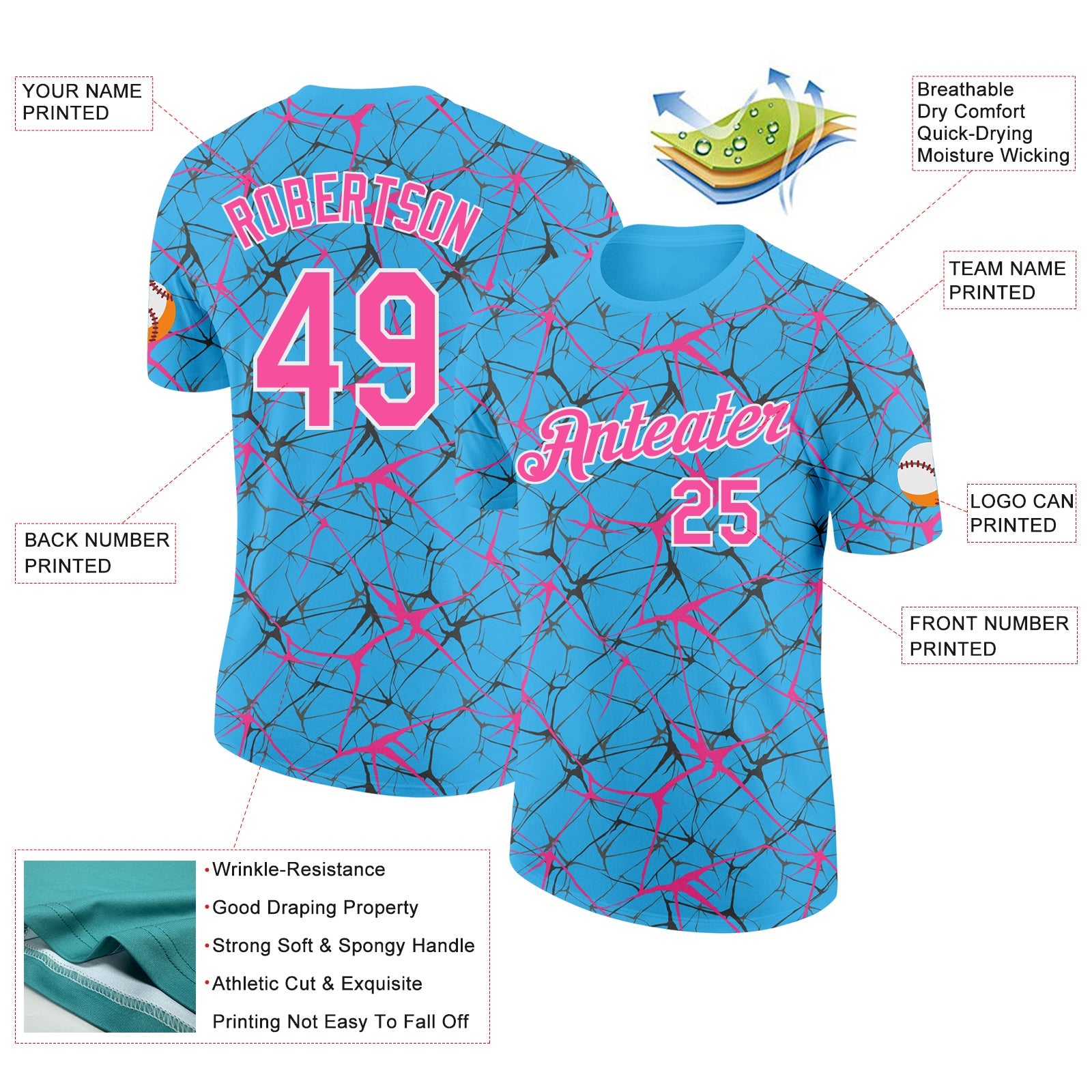 Custom Sky Blue Pink Gray-White Abstract Network Crackle Performance T-Shirt view 2