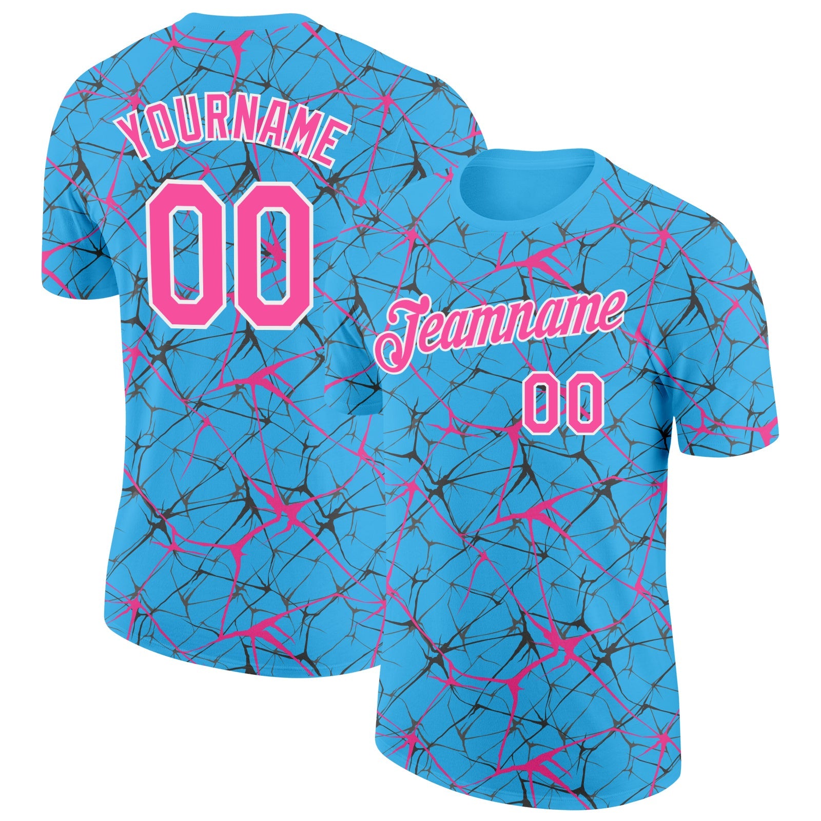 Custom Sky Blue Pink Gray-White Abstract Network Crackle Performance T-Shirt - Main View