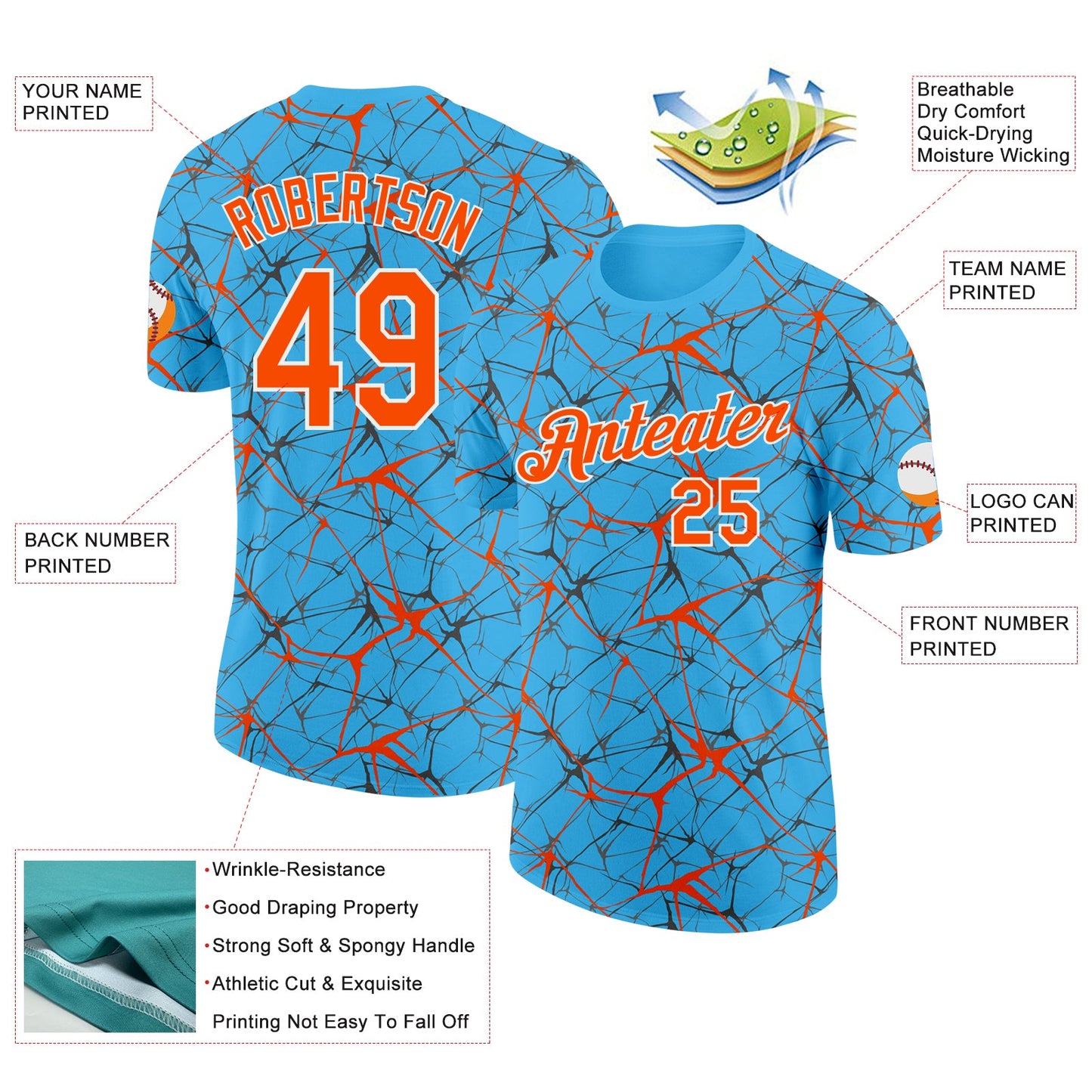 Custom Sky Blue Orange Gray-White Abstract Network Crackle Performance T-Shirt view 2