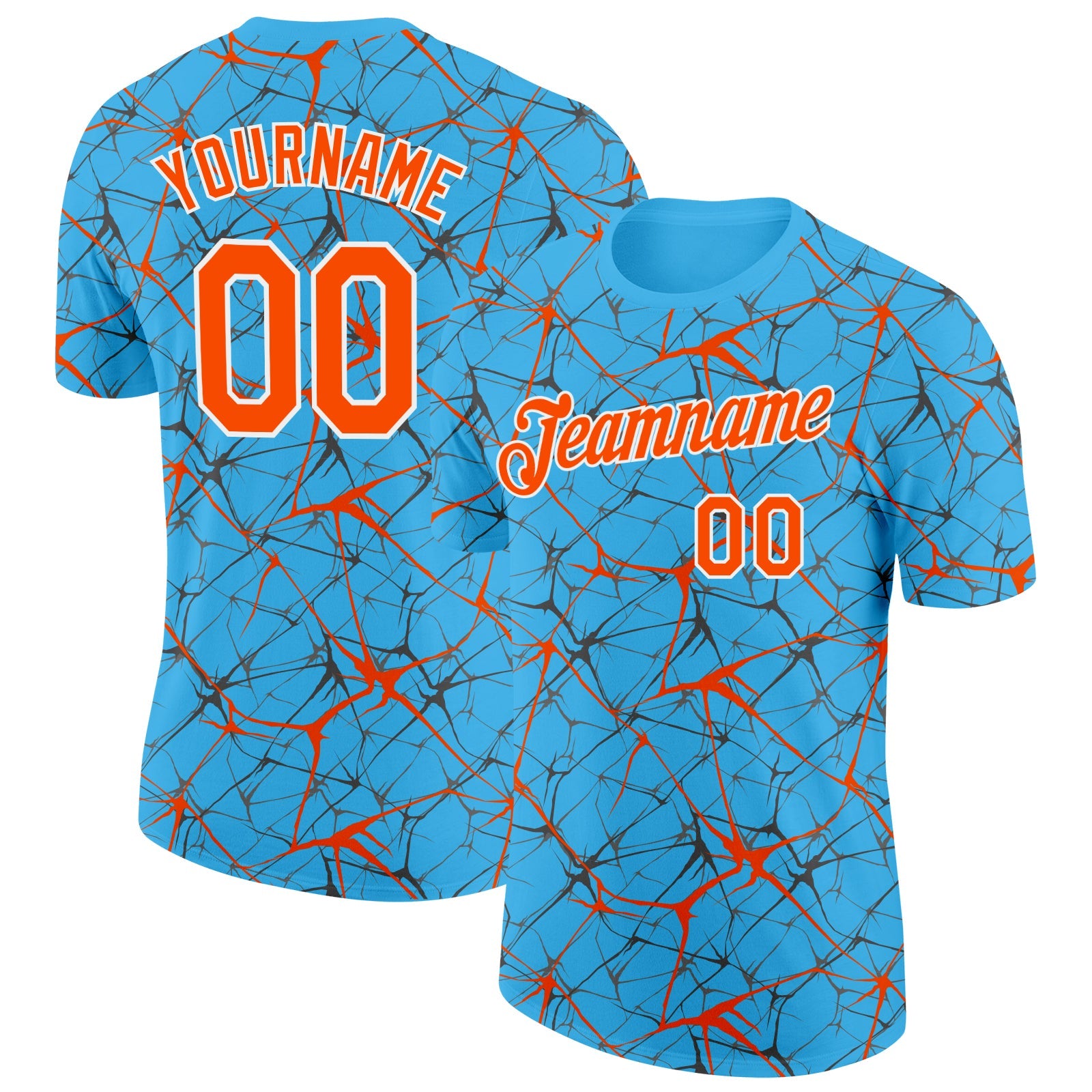 Custom Sky Blue Orange Gray-White Abstract Network Crackle Performance T-Shirt - Main View