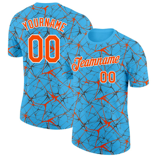 Custom Sky Blue Orange Gray-White Abstract Network Crackle Performance T-Shirt - Main View