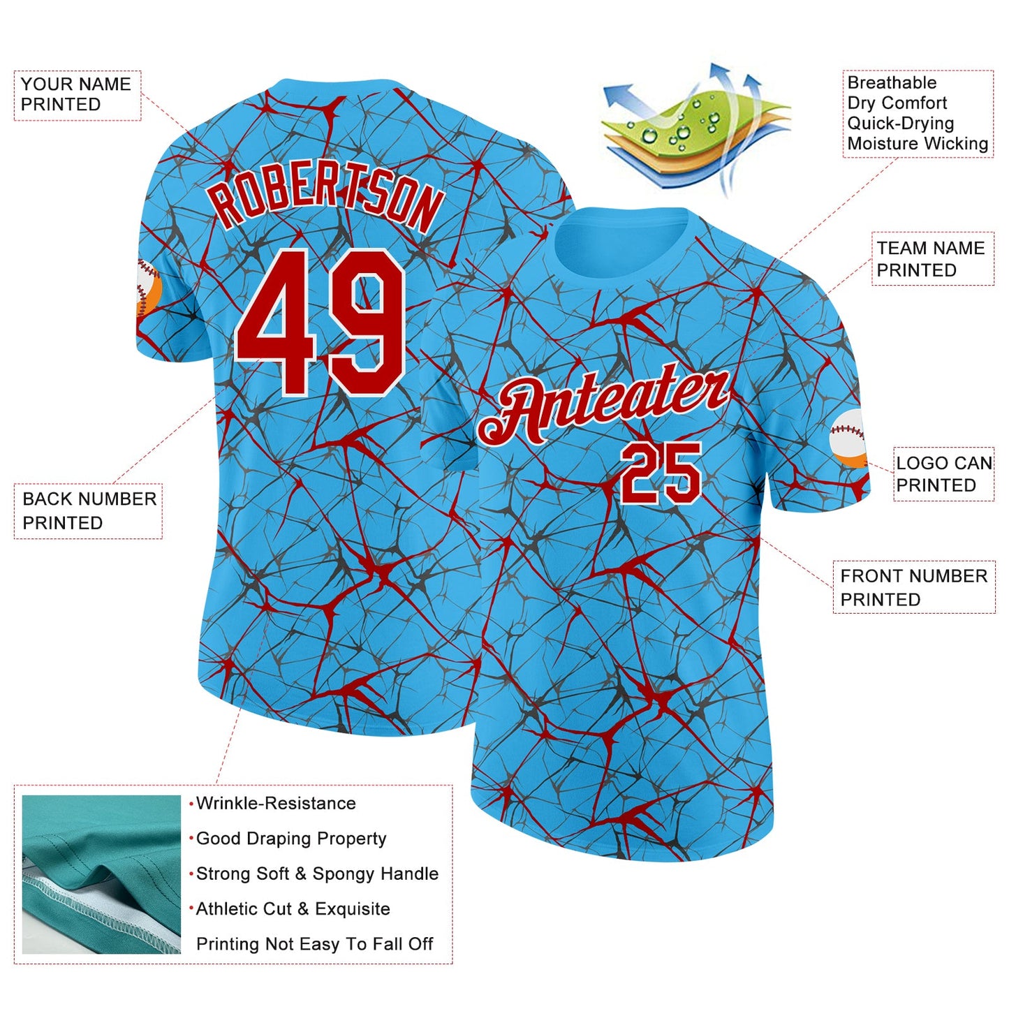 Custom Sky Blue Red Gray-White Abstract Network Crackle Performance T-Shirt view 2