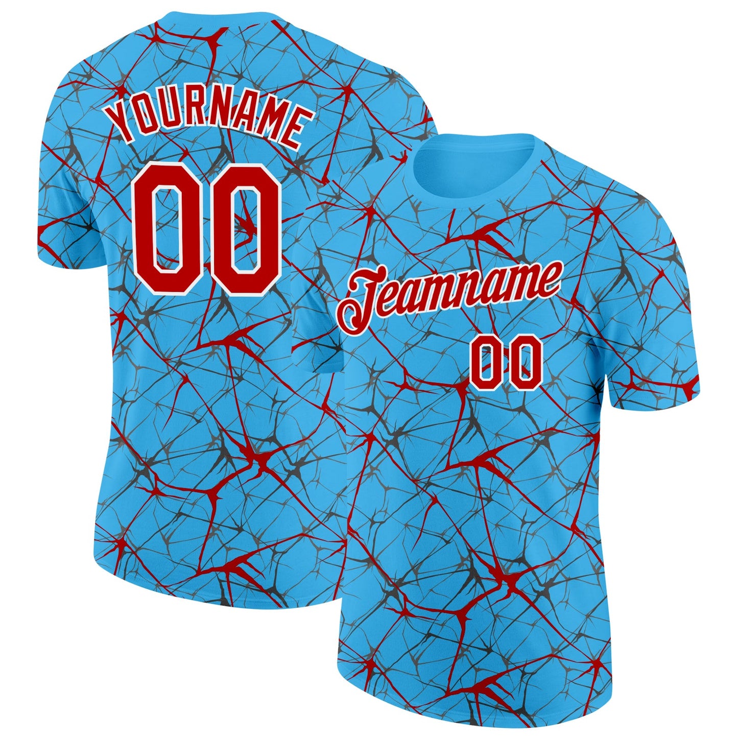 Custom Sky Blue Red Gray-White Abstract Network Crackle Performance T-Shirt - Main View