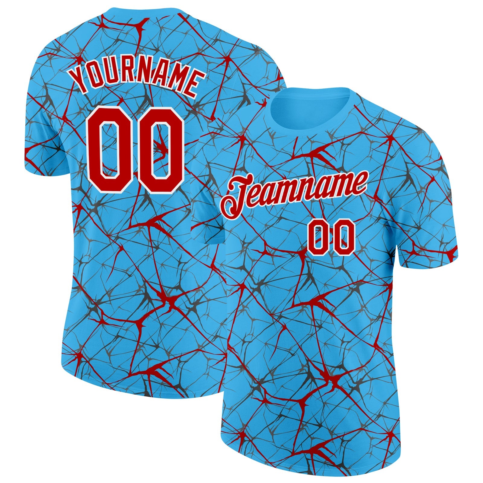 Custom Sky Blue Red Gray-White Abstract Network Crackle Performance T-Shirt - Main View