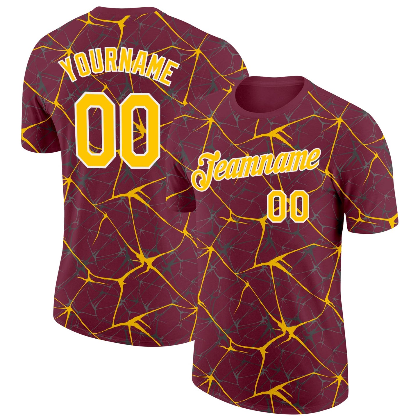 Custom Burgundy Yellow Gray-White Abstract Network Crackle Performance T-Shirt - Main View