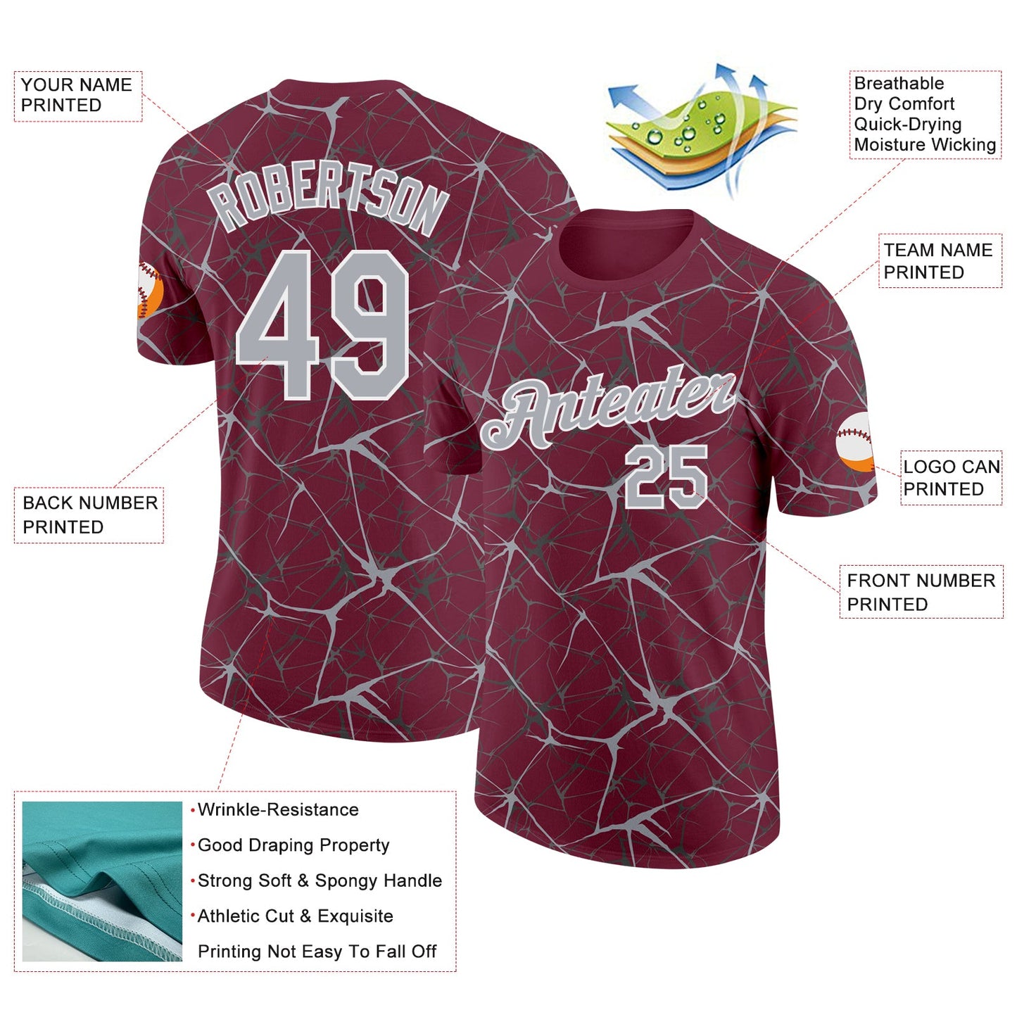 Custom Burgundy Gray-White Abstract Network Crackle Performance T-Shirt view 2