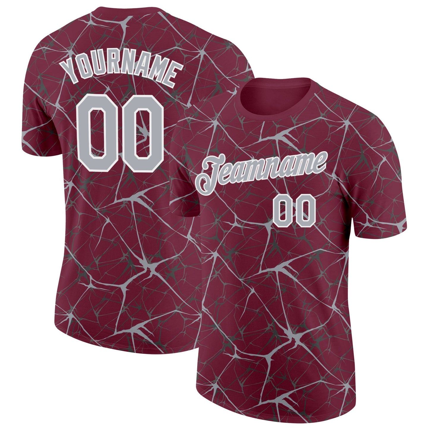 Custom Burgundy Gray-White Abstract Network Crackle Performance T-Shirt - Main View