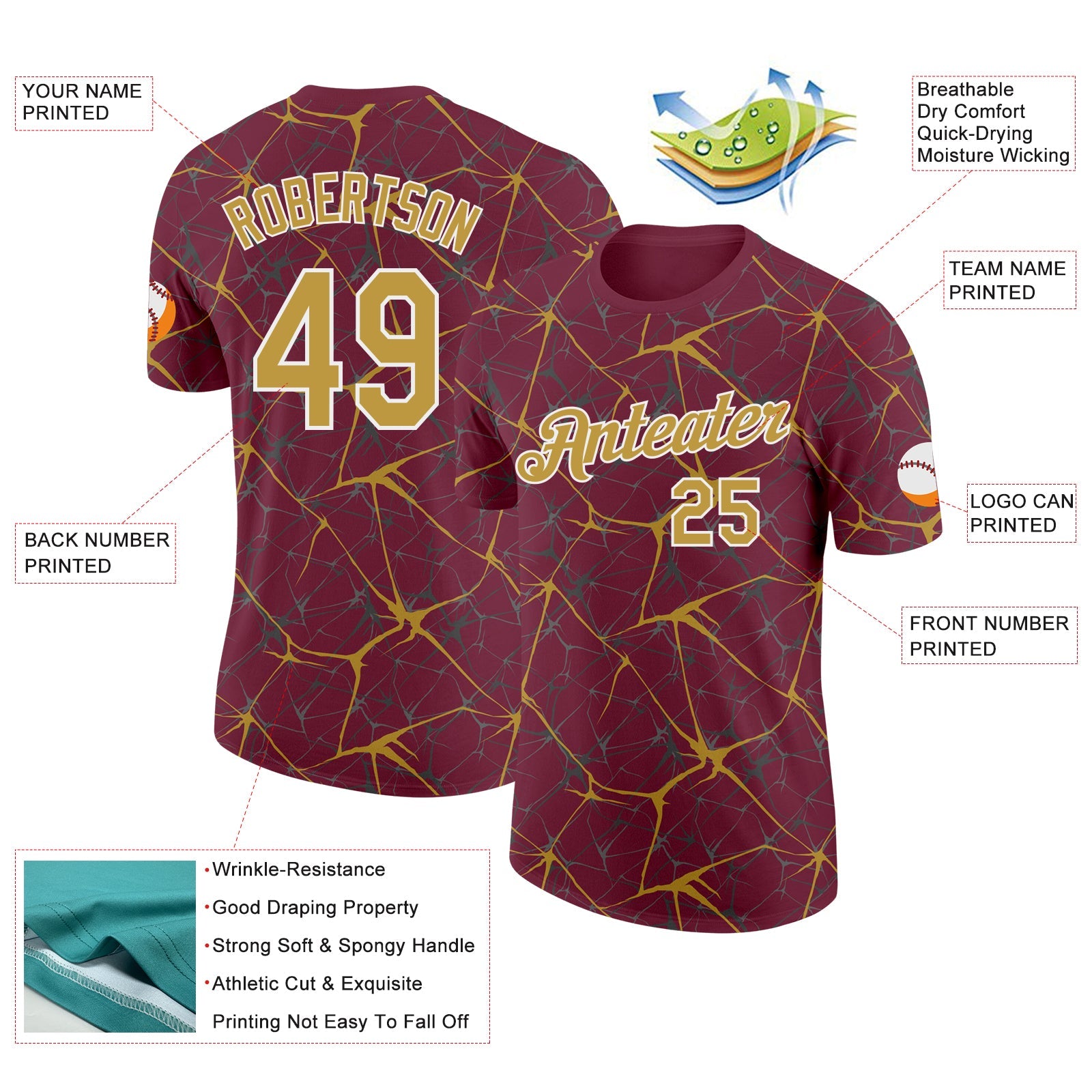 Custom Burgundy Old Gold Gray-White Abstract Network Crackle Performance T-Shirt view 2