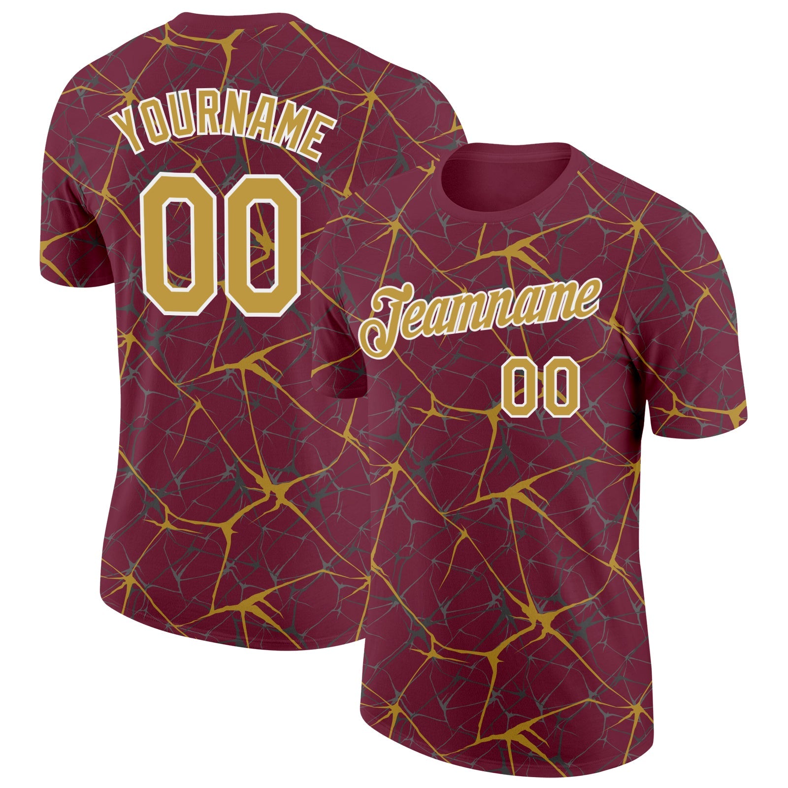 Custom Burgundy Old Gold Gray-White Abstract Network Crackle Performance T-Shirt - Main View