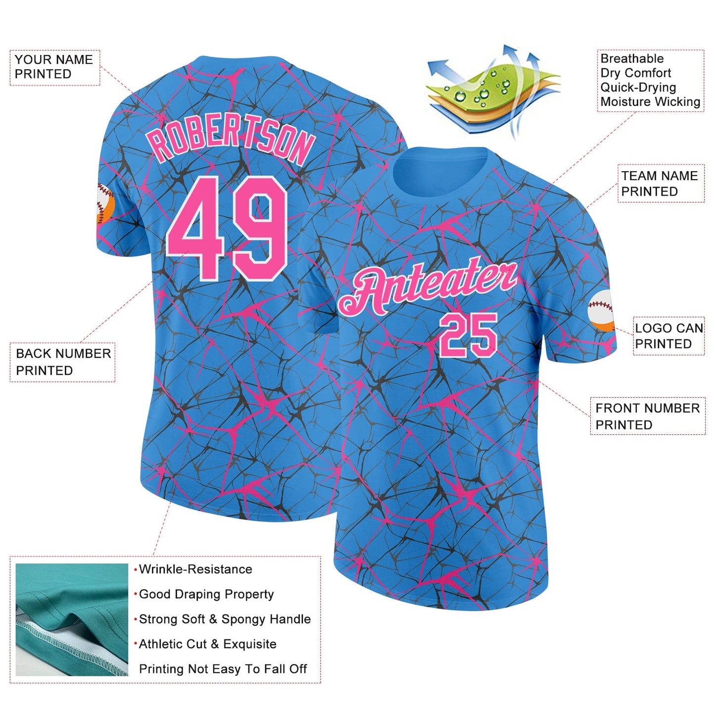 Custom Powder Blue Pink Gray-White Abstract Network Crackle Performance T-Shirt view 2