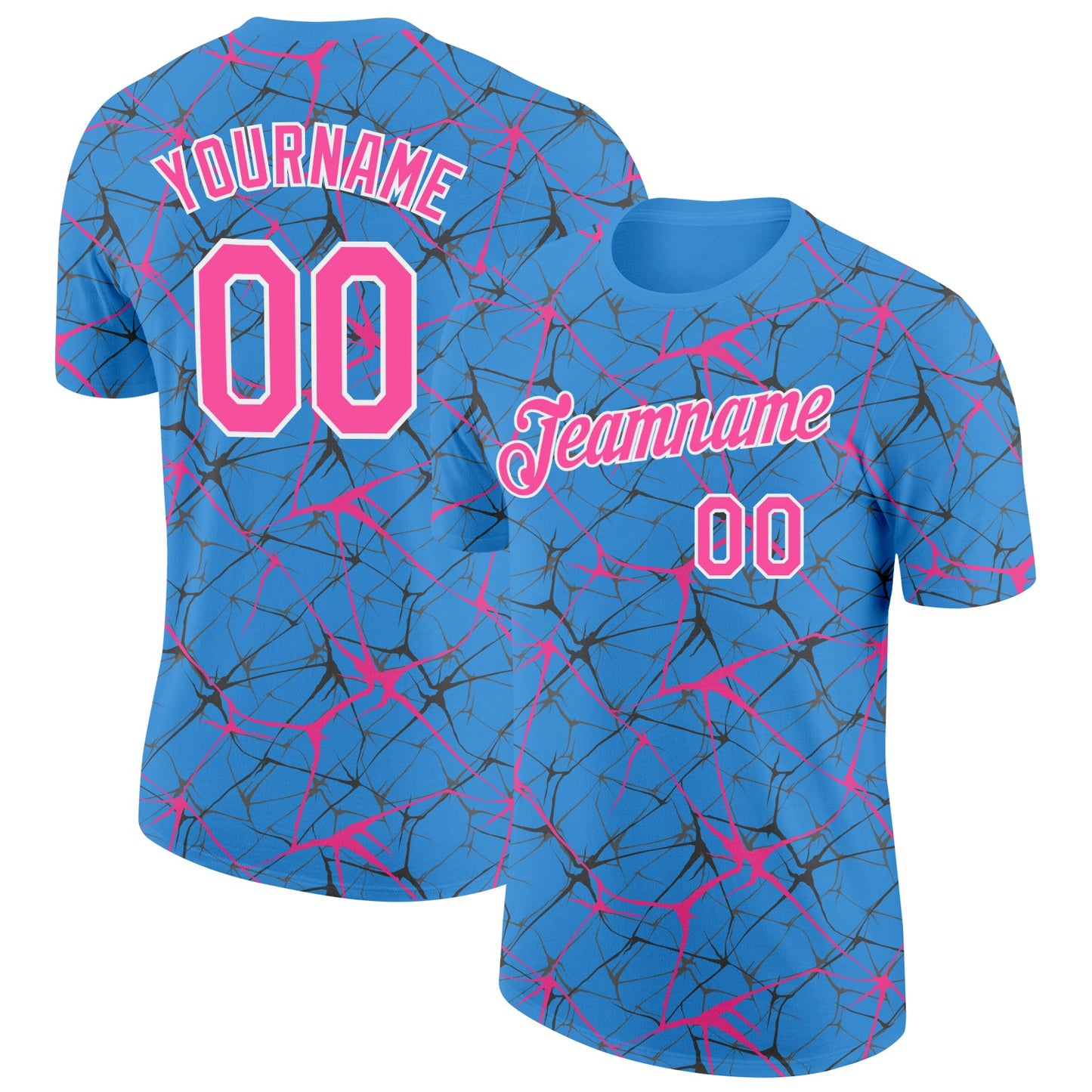 Custom Powder Blue Pink Gray-White Abstract Network Crackle Performance T-Shirt - Main View