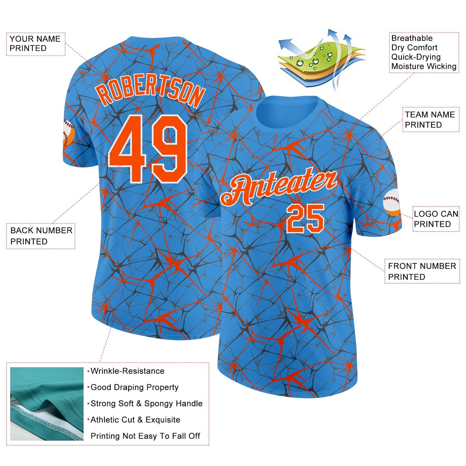 Custom Powder Blue Orange Gray-White Abstract Network Crackle Performance T-Shirt view 2