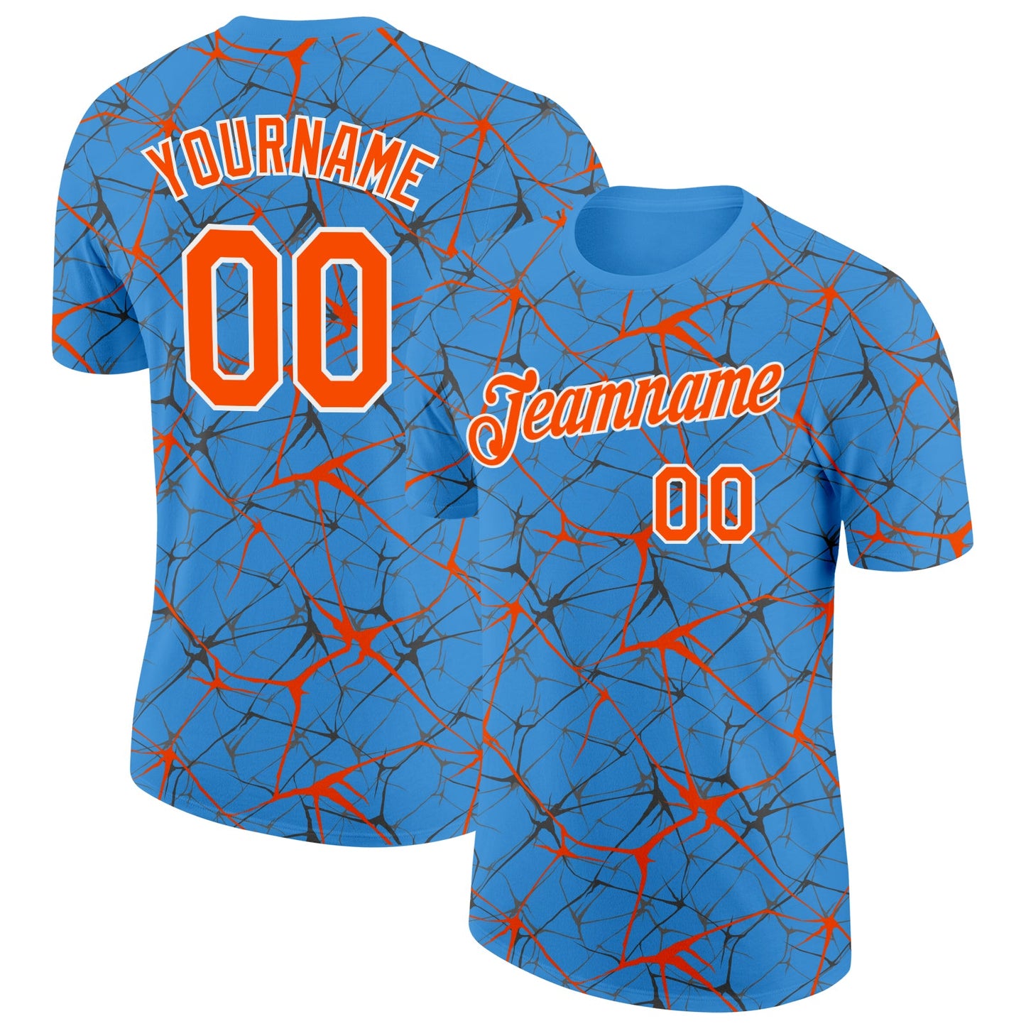 Custom Powder Blue Orange Gray-White Abstract Network Crackle Performance T-Shirt - Main View