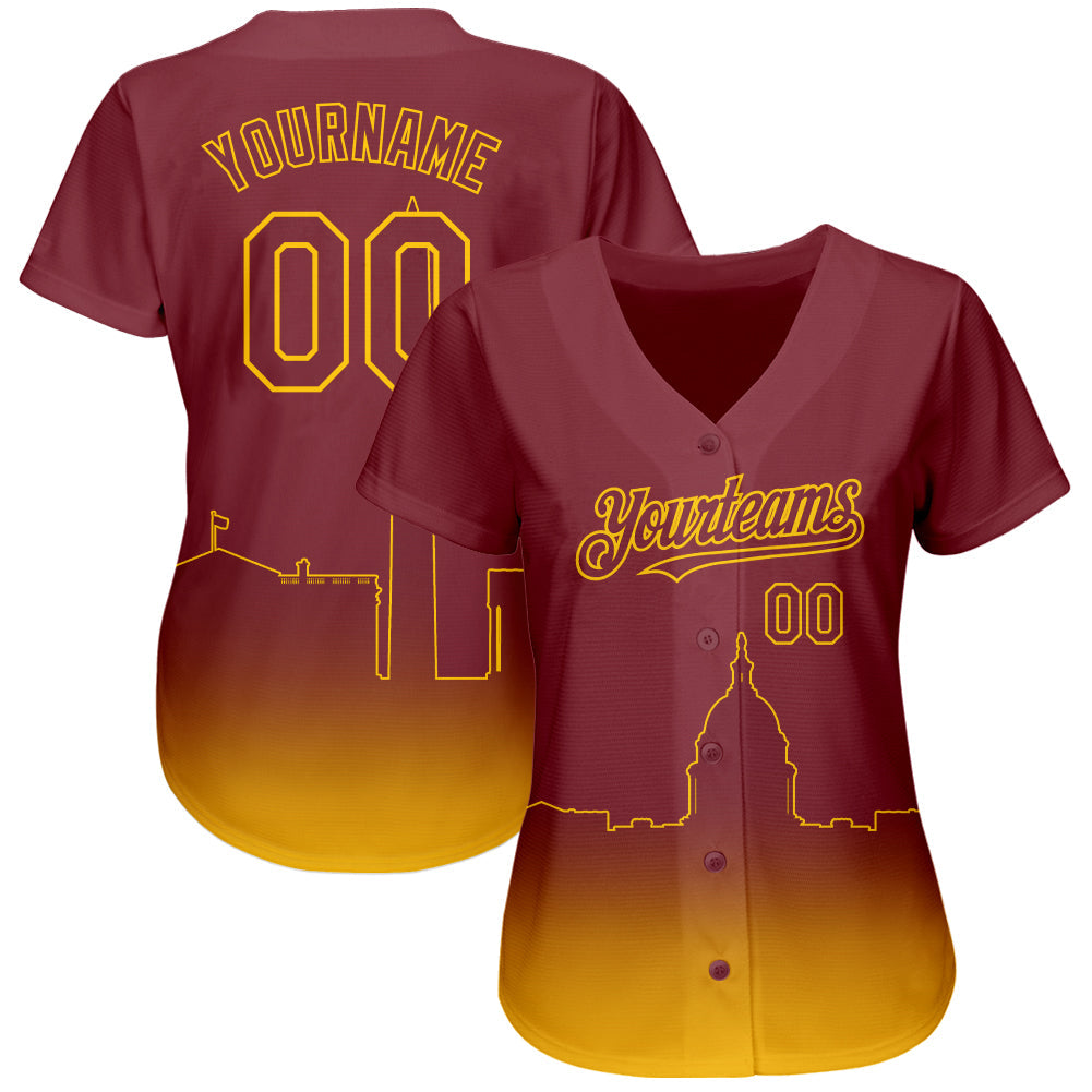 Custom Burgundy Yellow 3D Washington City Edition Fade Fashion Authentic Baseball Jersey view 2
