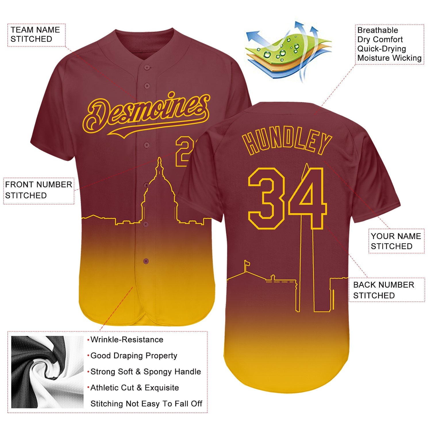Custom Burgundy Yellow 3D Washington City Edition Fade Fashion Authentic Baseball Jersey view 3