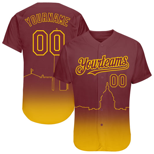 Custom Burgundy Yellow 3D Washington City Edition Fade Fashion Authentic Baseball Jersey - Main View