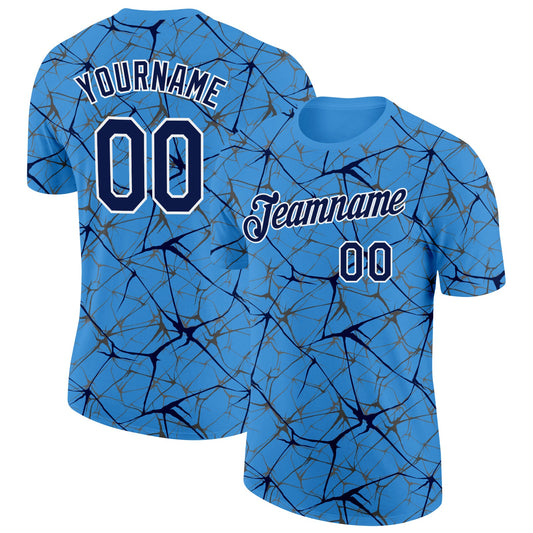 Custom Powder Blue Navy Gray-White Abstract Network Crackle Performance T-Shirt - Main View