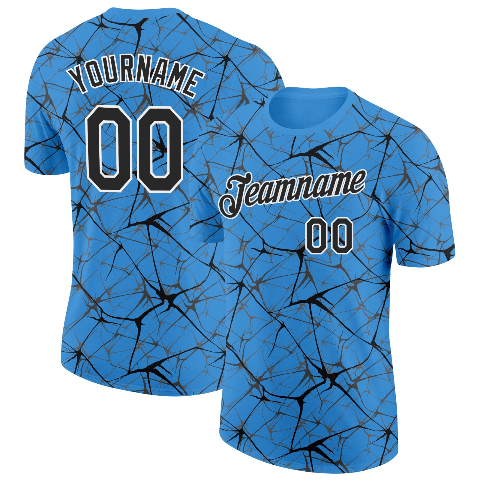 Custom Powder Blue Black Gray-White Abstract Network Crackle Performance T-Shirt - Main View