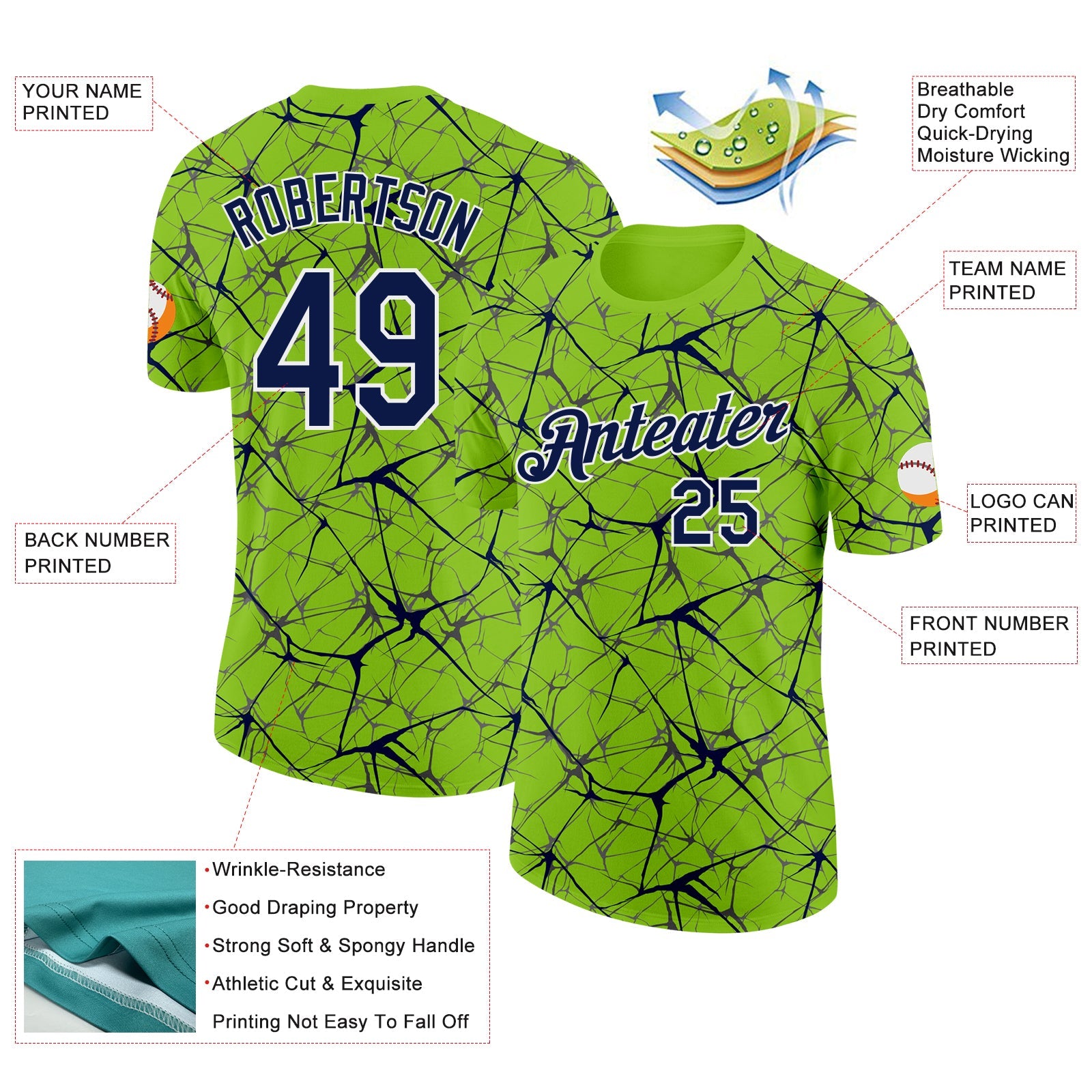 Custom Neon Green Navy Gray-White Abstract Network Crackle Performance T-Shirt view 2