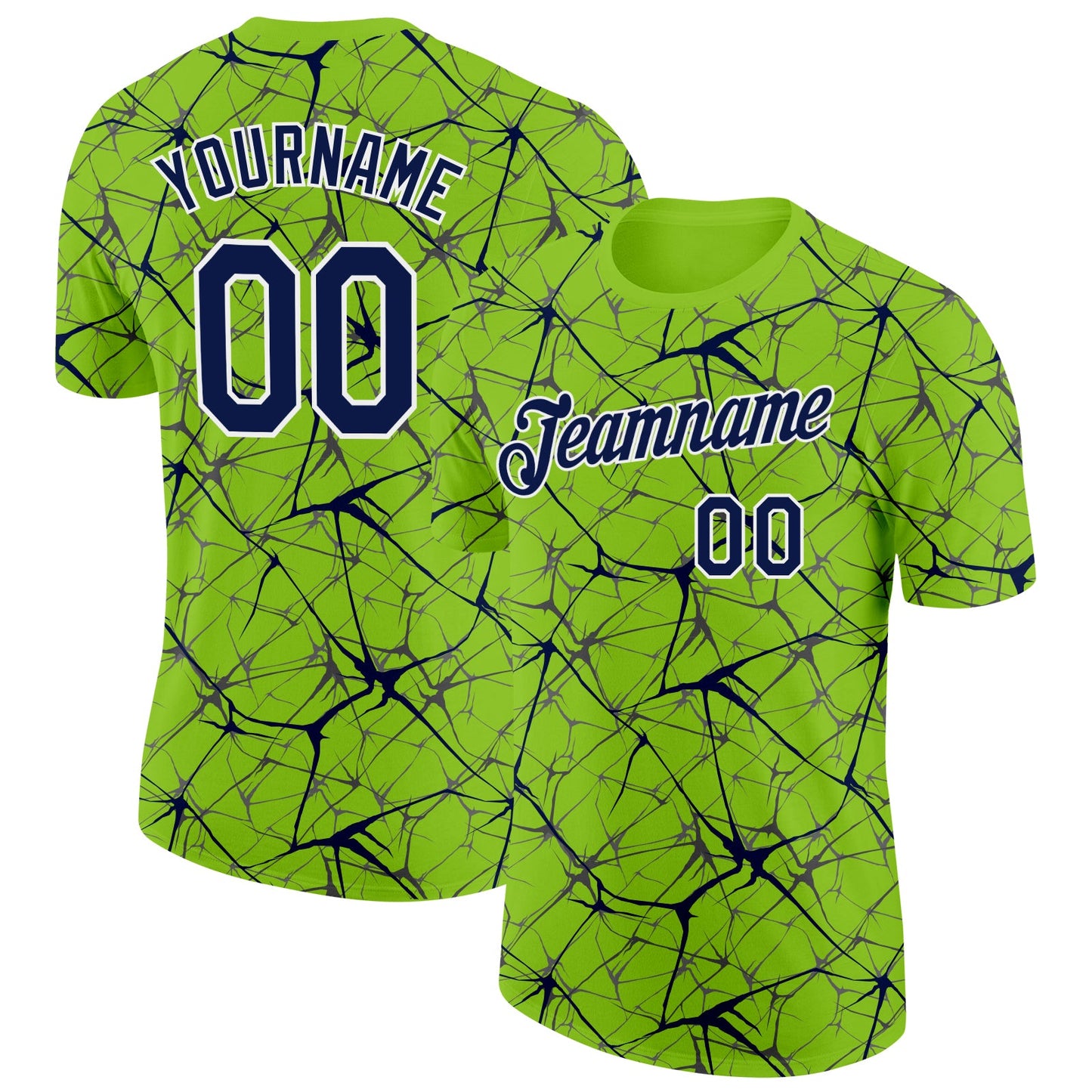 Custom Neon Green Navy Gray-White Abstract Network Crackle Performance T-Shirt - Main View