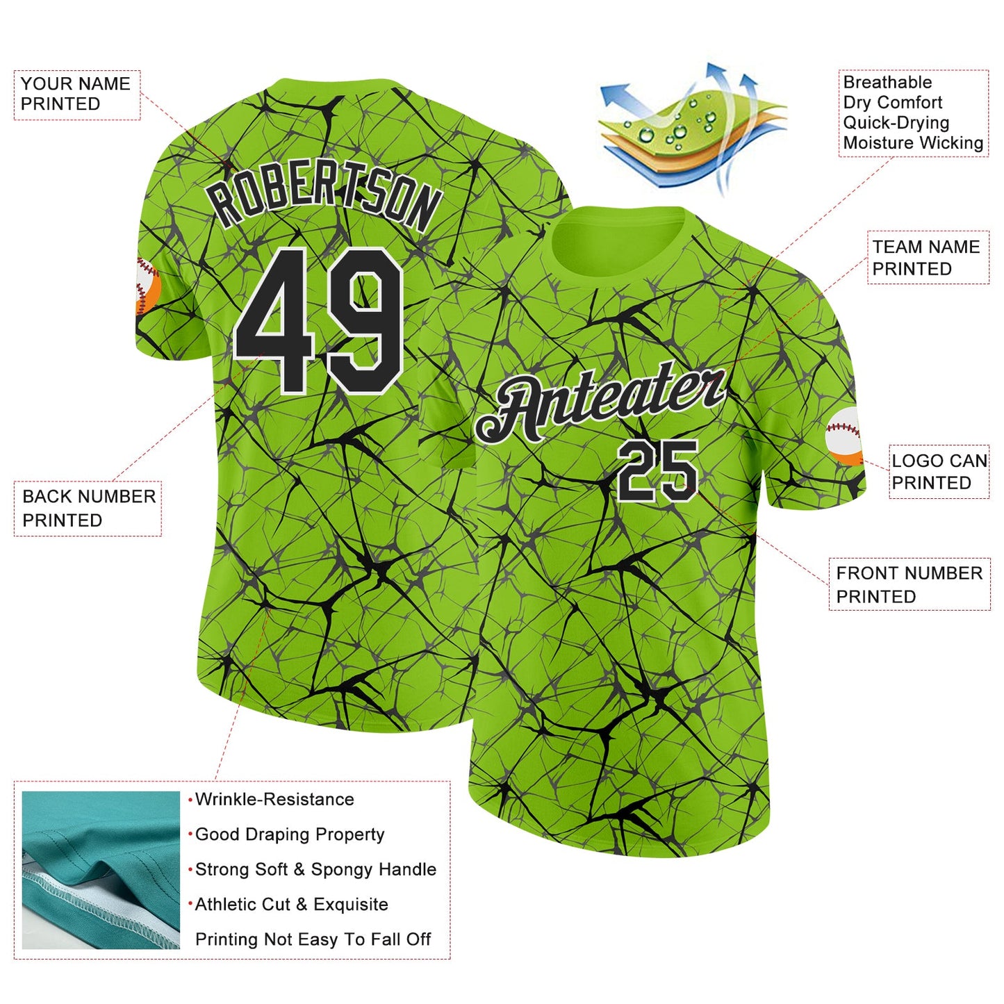 Custom Neon Green Black Gray-White Abstract Network Crackle Performance T-Shirt view 2