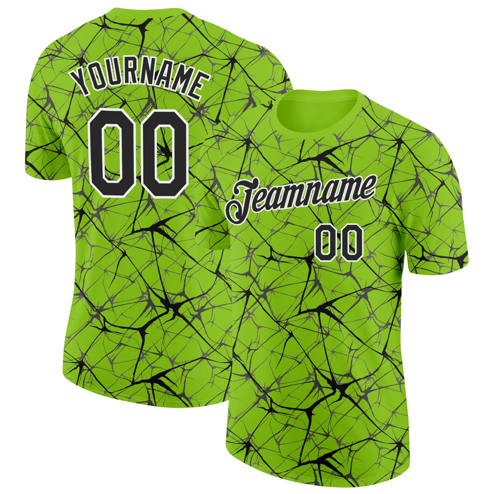 Custom Neon Green Black Gray-White Abstract Network Crackle Performance T-Shirt - Main View