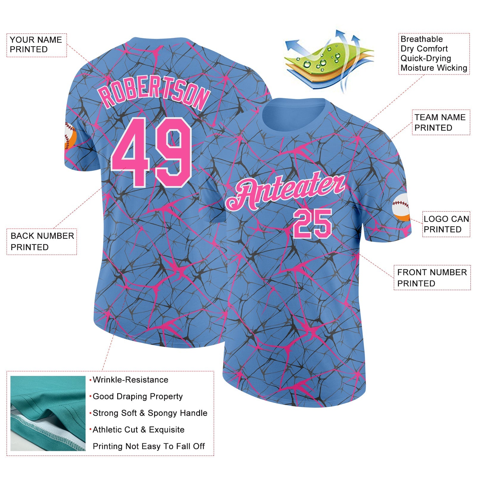 Custom Light Blue Pink Gray-White Abstract Network Crackle Performance T-Shirt view 2