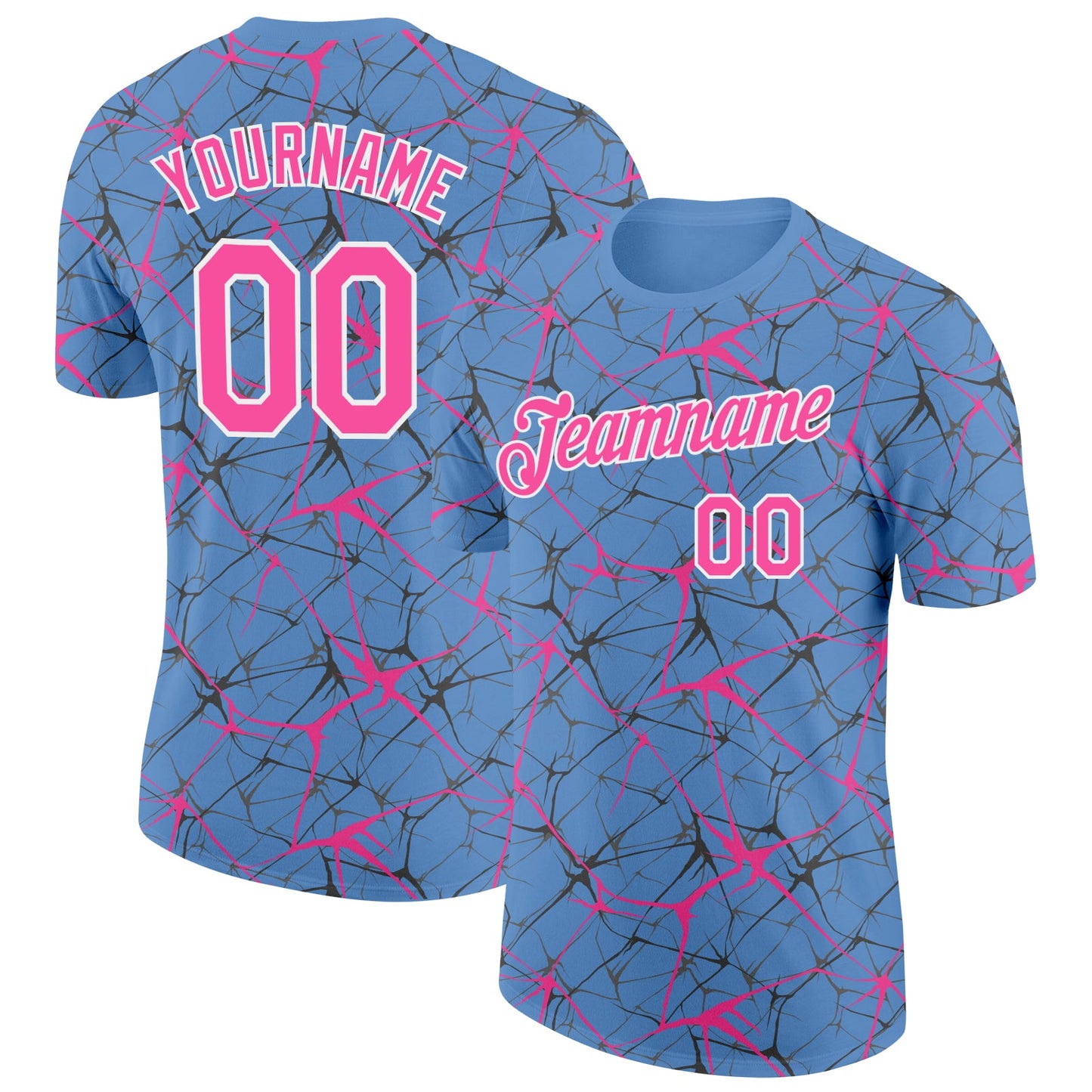 Custom Light Blue Pink Gray-White Abstract Network Crackle Performance T-Shirt - Main View