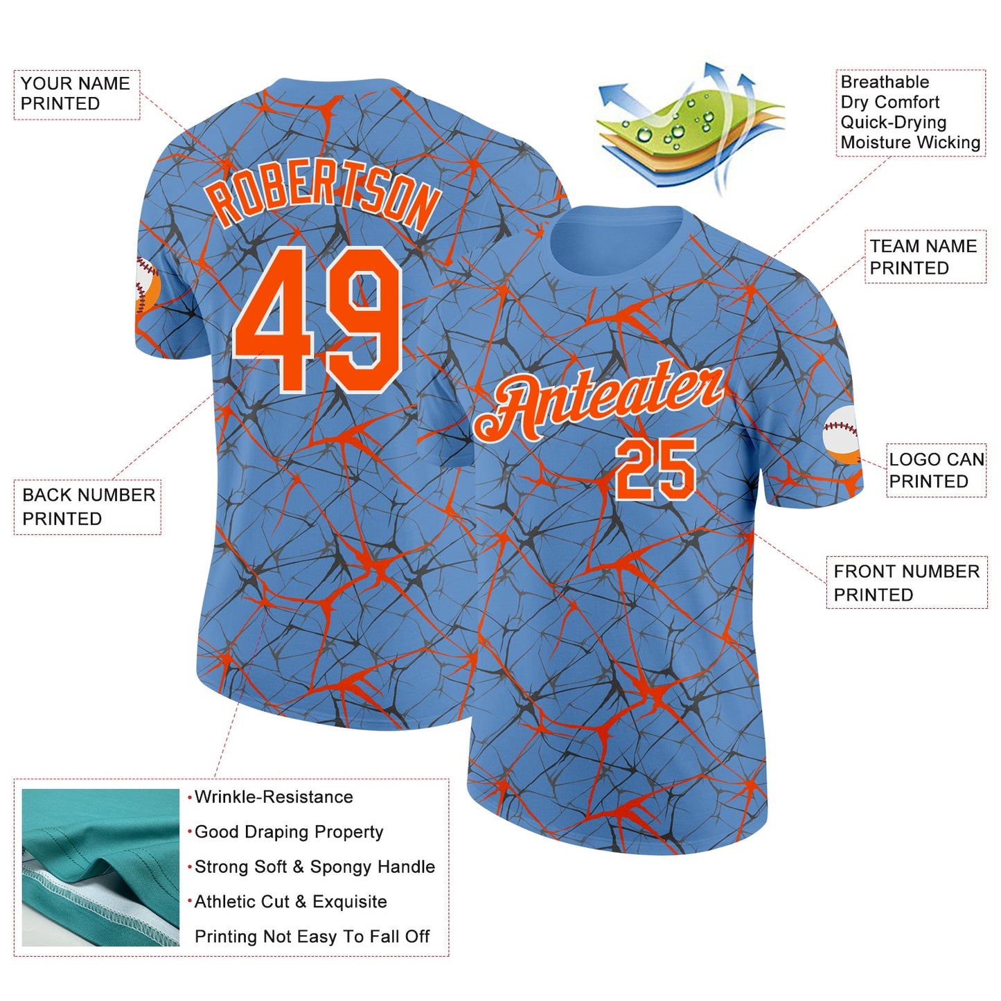 Custom Light Blue Orange Gray-White Abstract Network Crackle Performance T-Shirt view 2