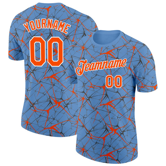 Custom Light Blue Orange Gray-White Abstract Network Crackle Performance T-Shirt - Main View