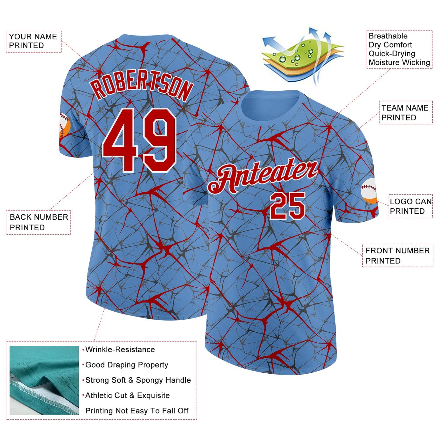 Custom Light Blue Red Gray-White Abstract Network Crackle Performance T-Shirt view 2