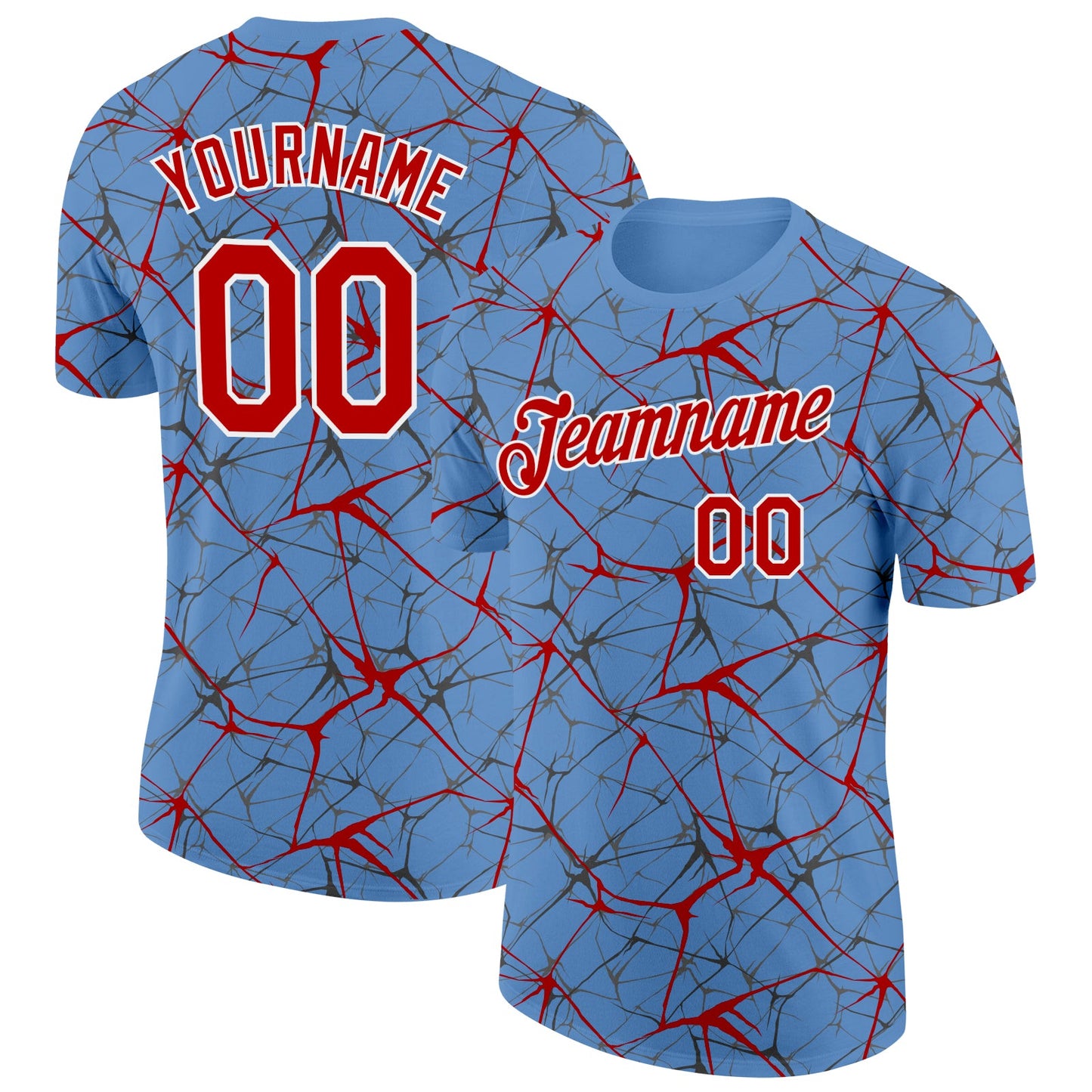 Custom Light Blue Red Gray-White Abstract Network Crackle Performance T-Shirt - Main View