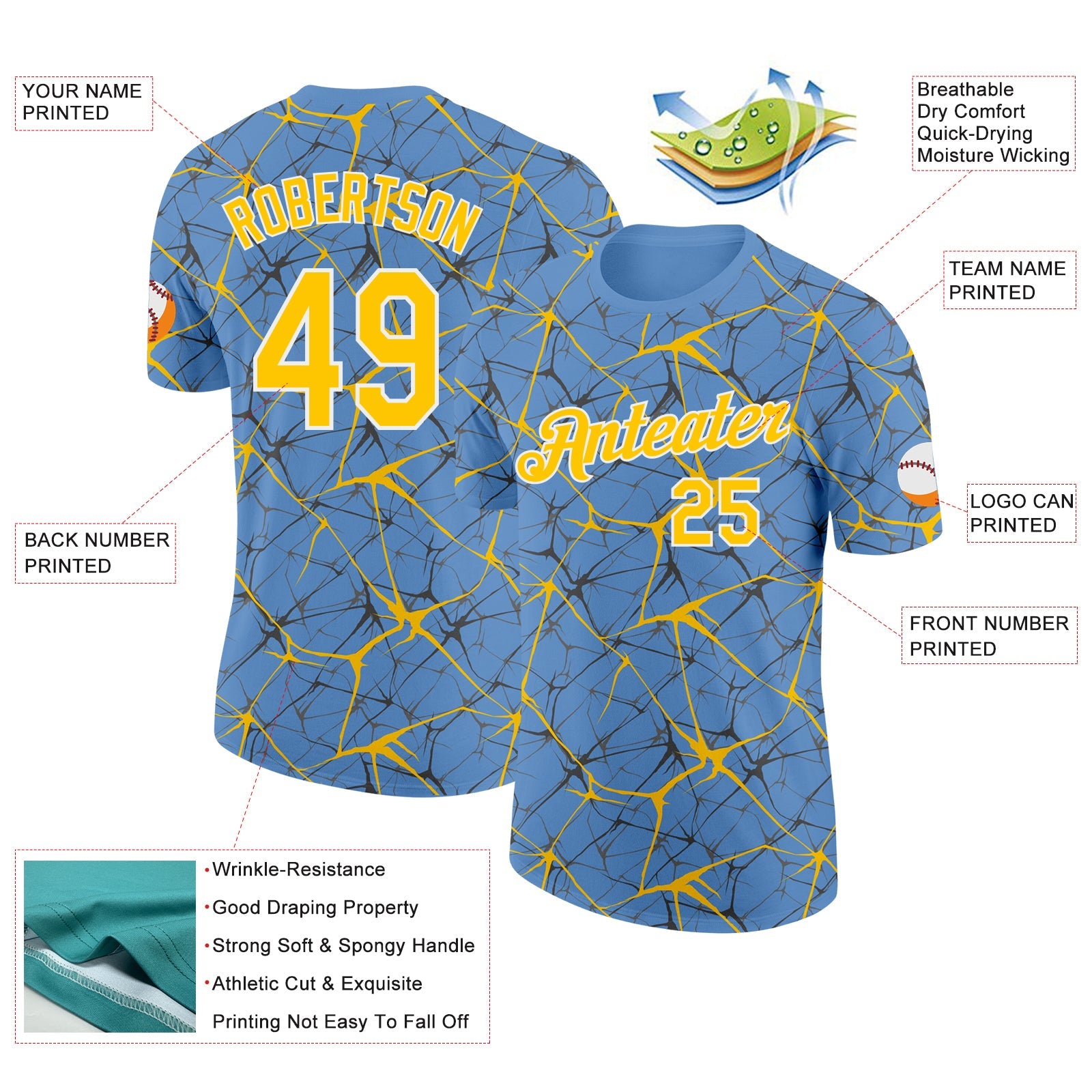 Custom Light Blue Yellow Gray-White Abstract Network Crackle Performance T-Shirt view 2