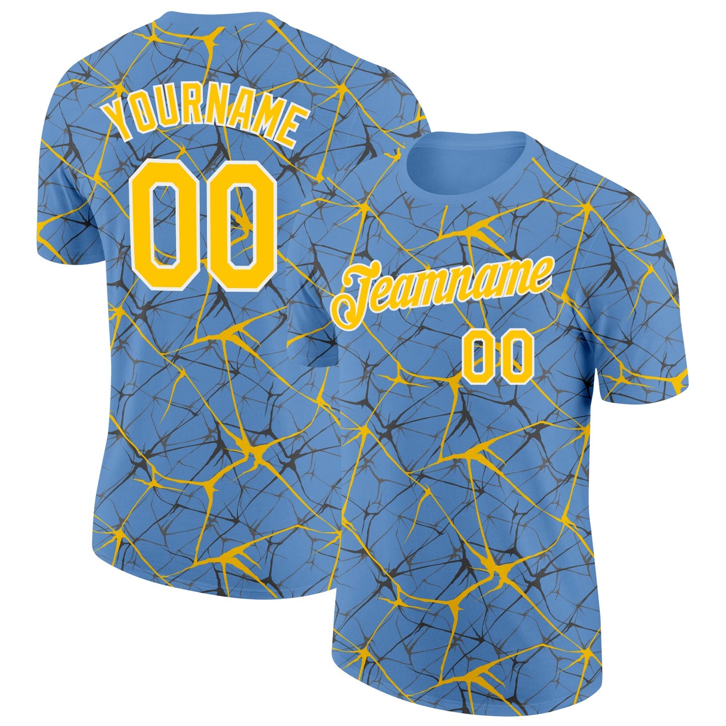 Custom Light Blue Yellow Gray-White Abstract Network Crackle Performance T-Shirt - Main View