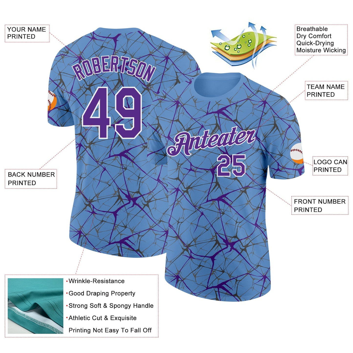 Custom Light Blue Purple Gray-White Abstract Network Crackle Performance T-Shirt view 2