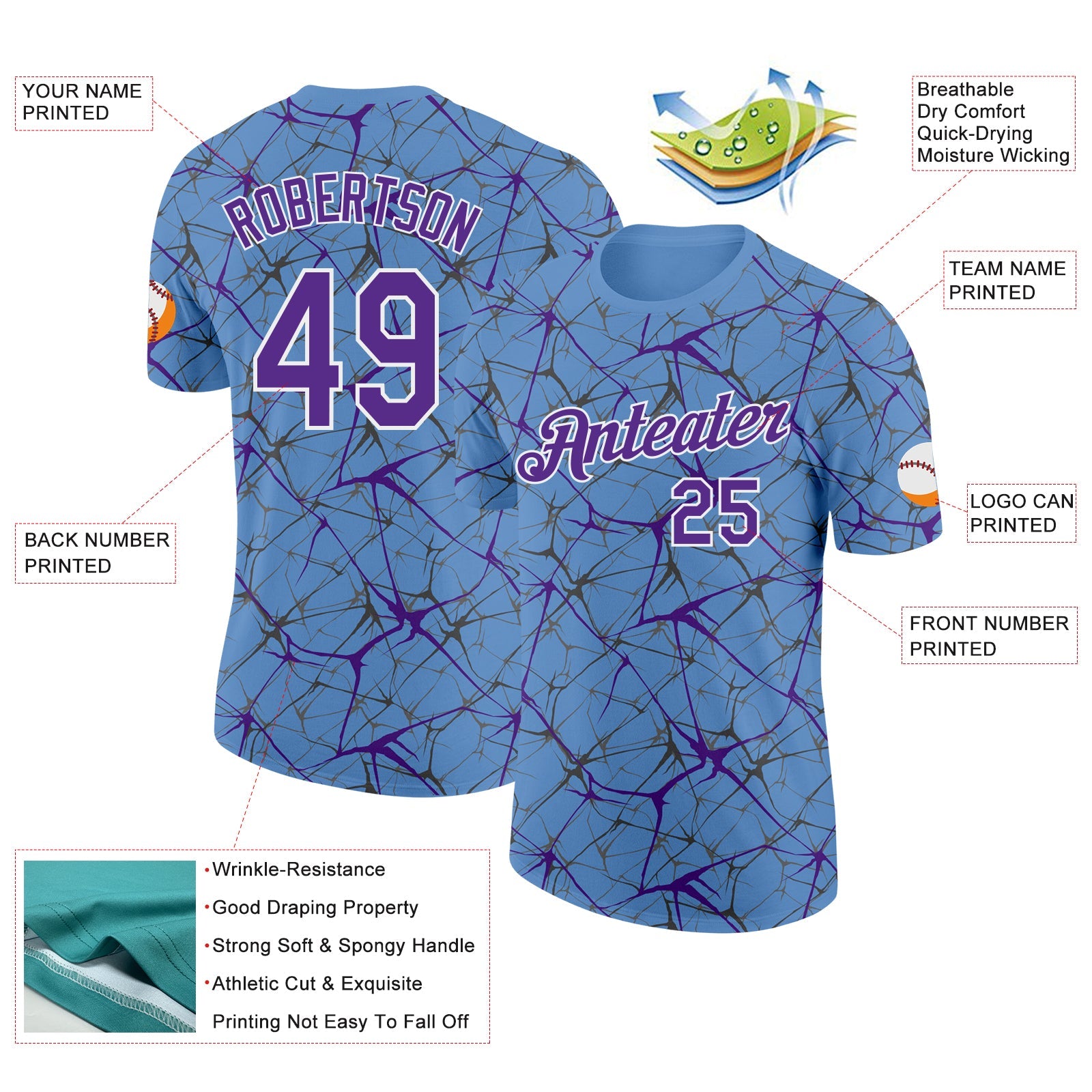 Custom Light Blue Purple Gray-White Abstract Network Crackle Performance T-Shirt view 2