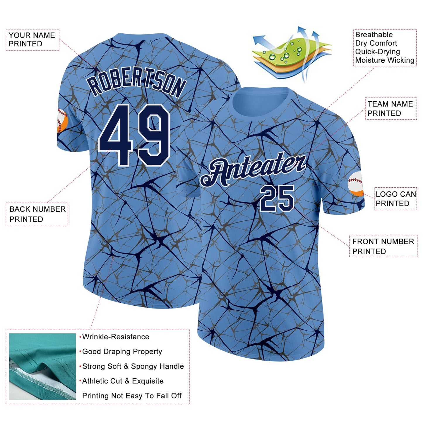 Custom Light Blue Navy Gray-White Abstract Network Crackle Performance T-Shirt view 2