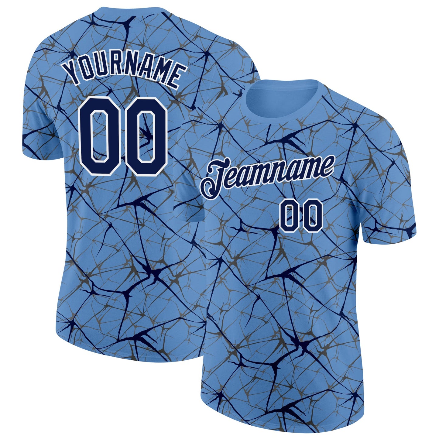 Custom Light Blue Navy Gray-White Abstract Network Crackle Performance T-Shirt - Main View