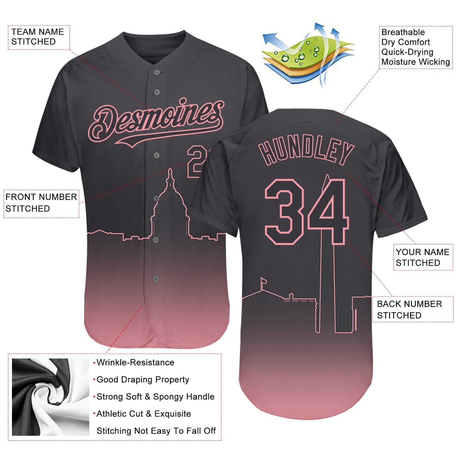 Custom Steel Gray Medium Pink 3D Washington City Edition Fade Fashion Authentic Baseball Jersey view 3